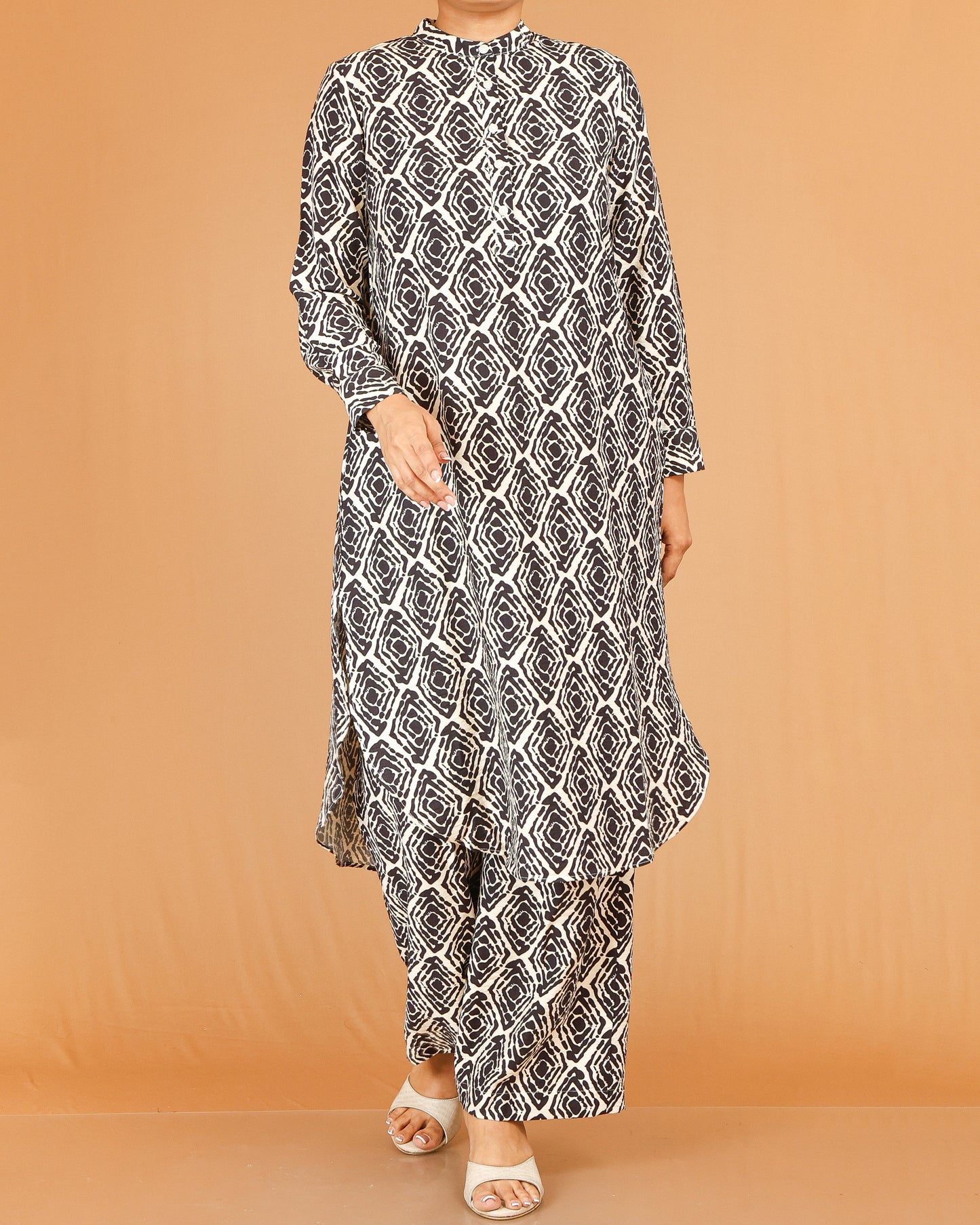 Black Printed Co-Ord Set with Mandarin Collar Top
