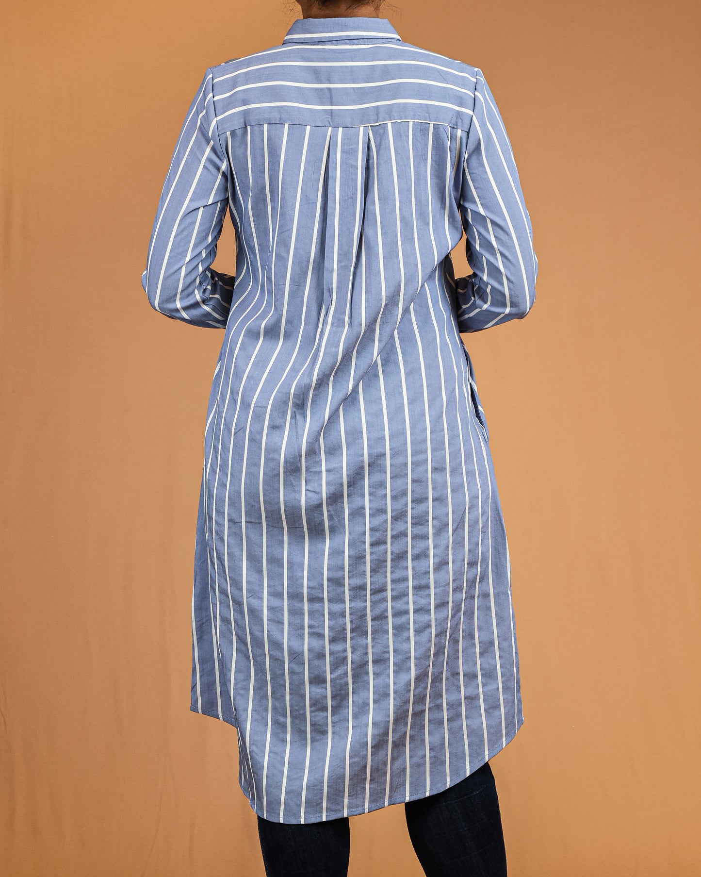 Steel Blue Striped Shirt Dress with Classic Collar