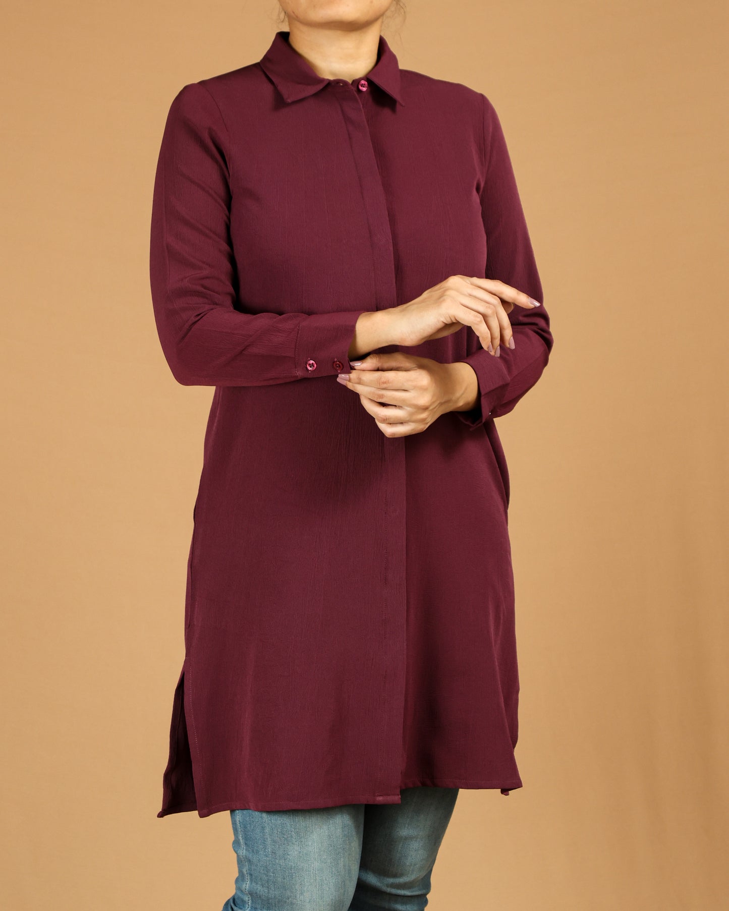 Classic Button-Down Long Shirt with Side Slits