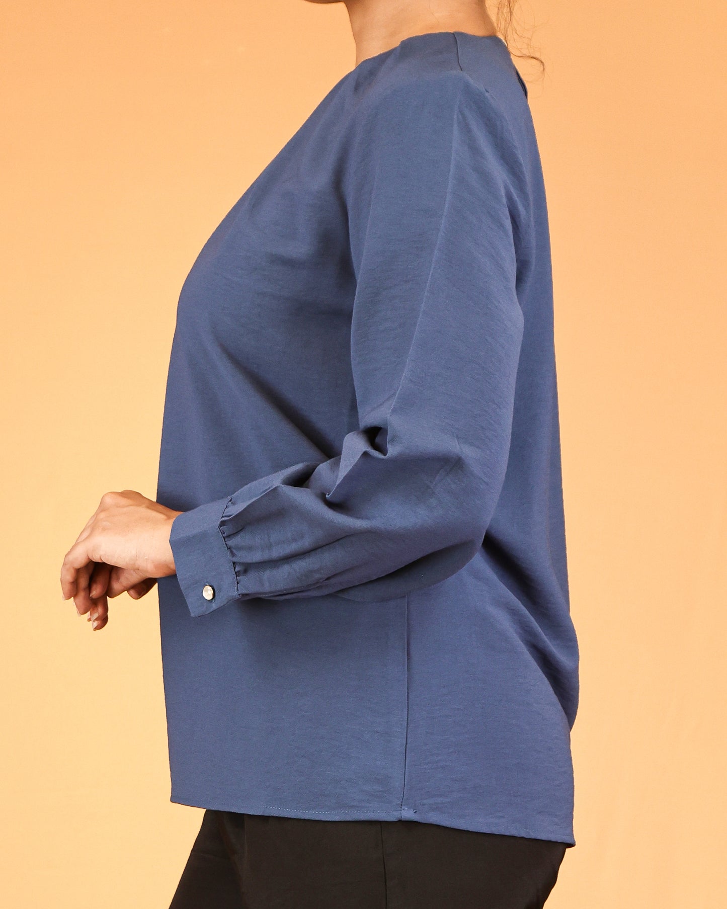 Dusty Blue Pleated-Neck Top