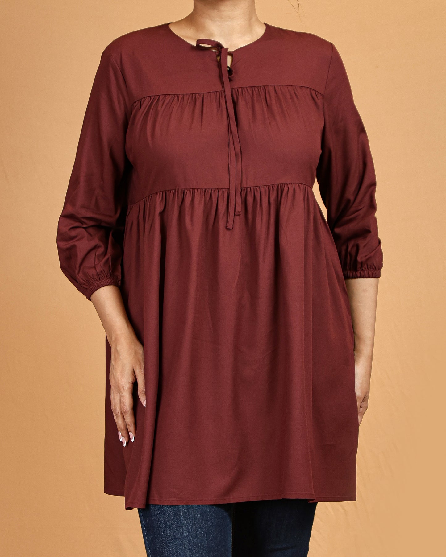 Tiered Tie-Neck Modest Top – Deep Maroon