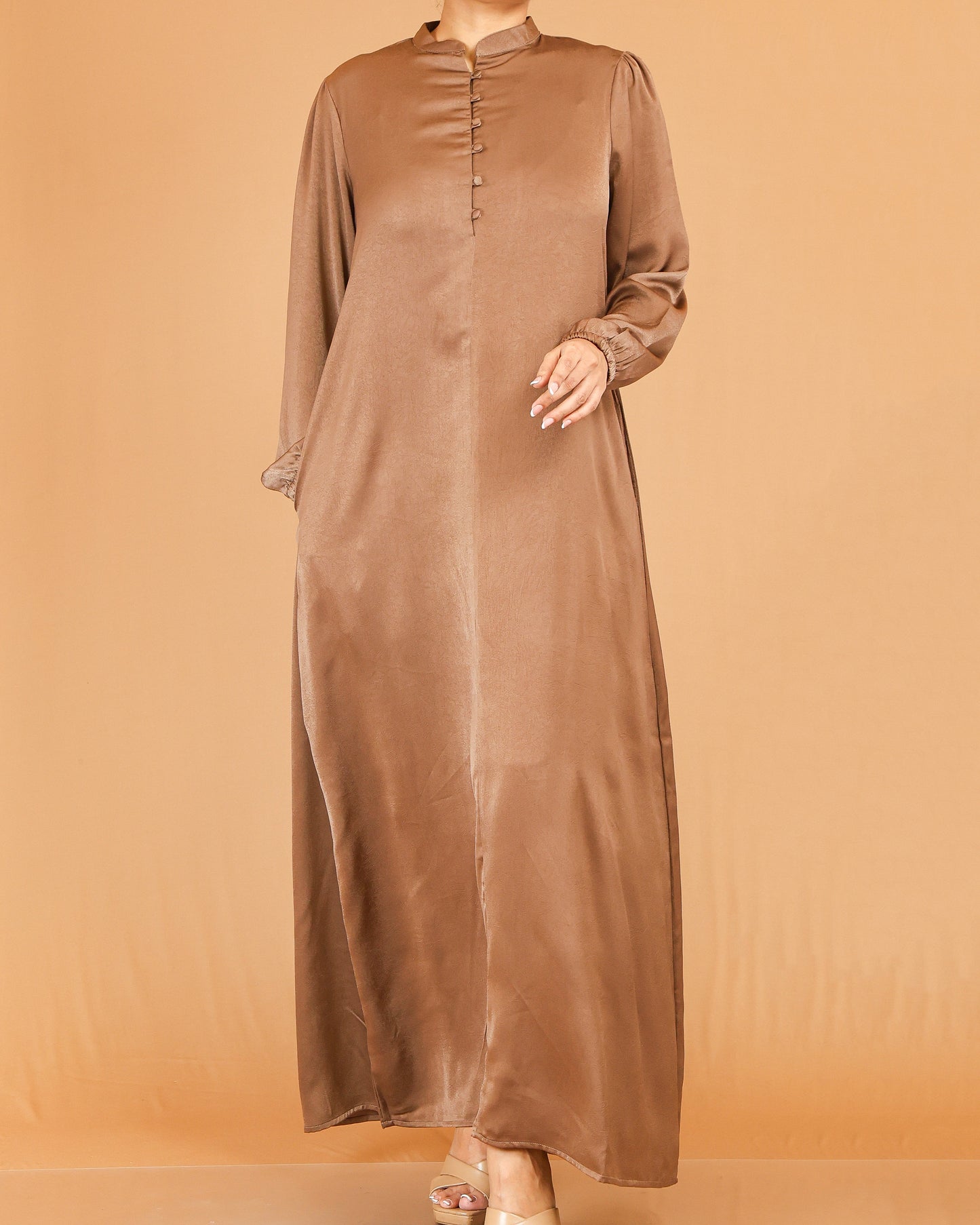 Caramel Brown Mandarin Collar Abaya with Button Placket Detail