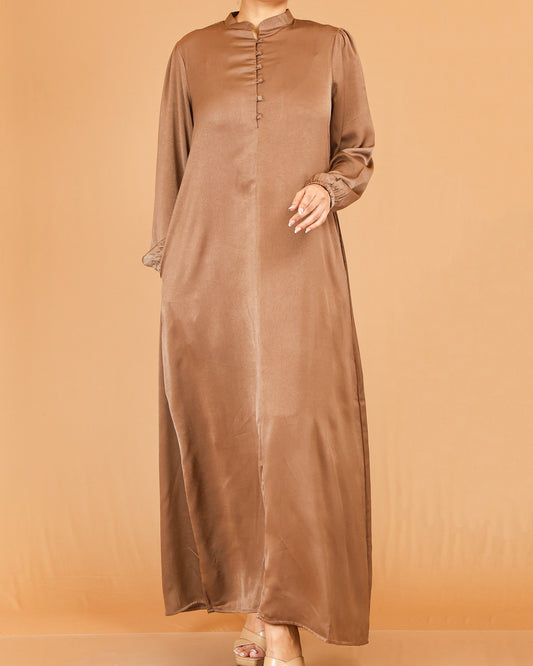 Caramel Brown Mandarin Collar Abaya with Button Placket Detail