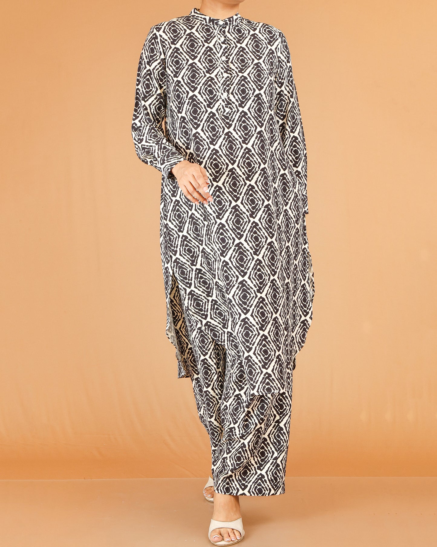 Black Printed Co-Ord Set with Mandarin Collar Top