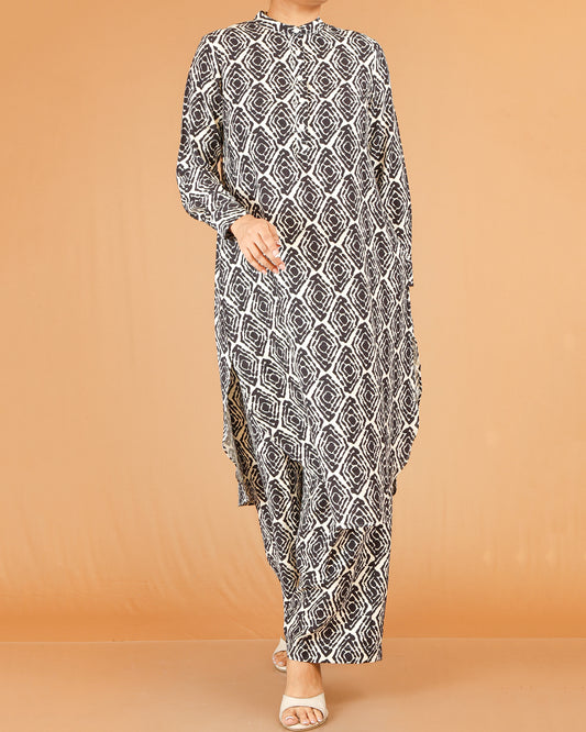 Black Printed Co-Ord Set with Mandarin Collar Top