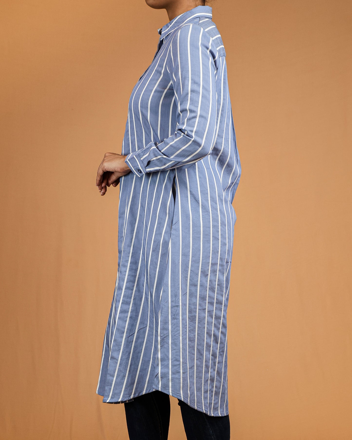 Steel Blue Striped Shirt Dress with Classic Collar