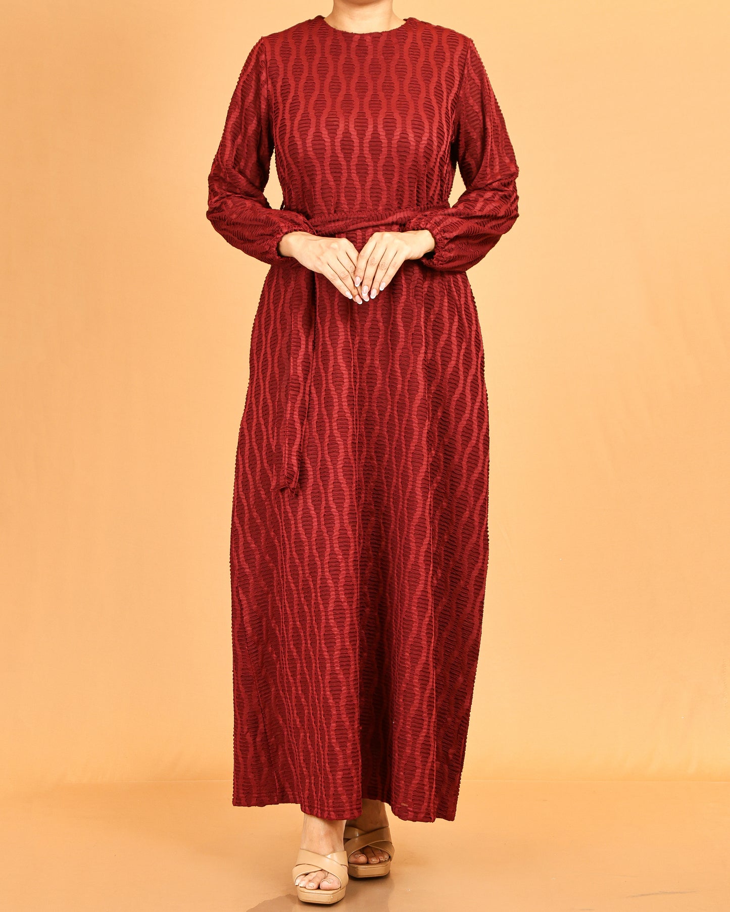 Textured Belted Maxi Dress – Deep Maroon