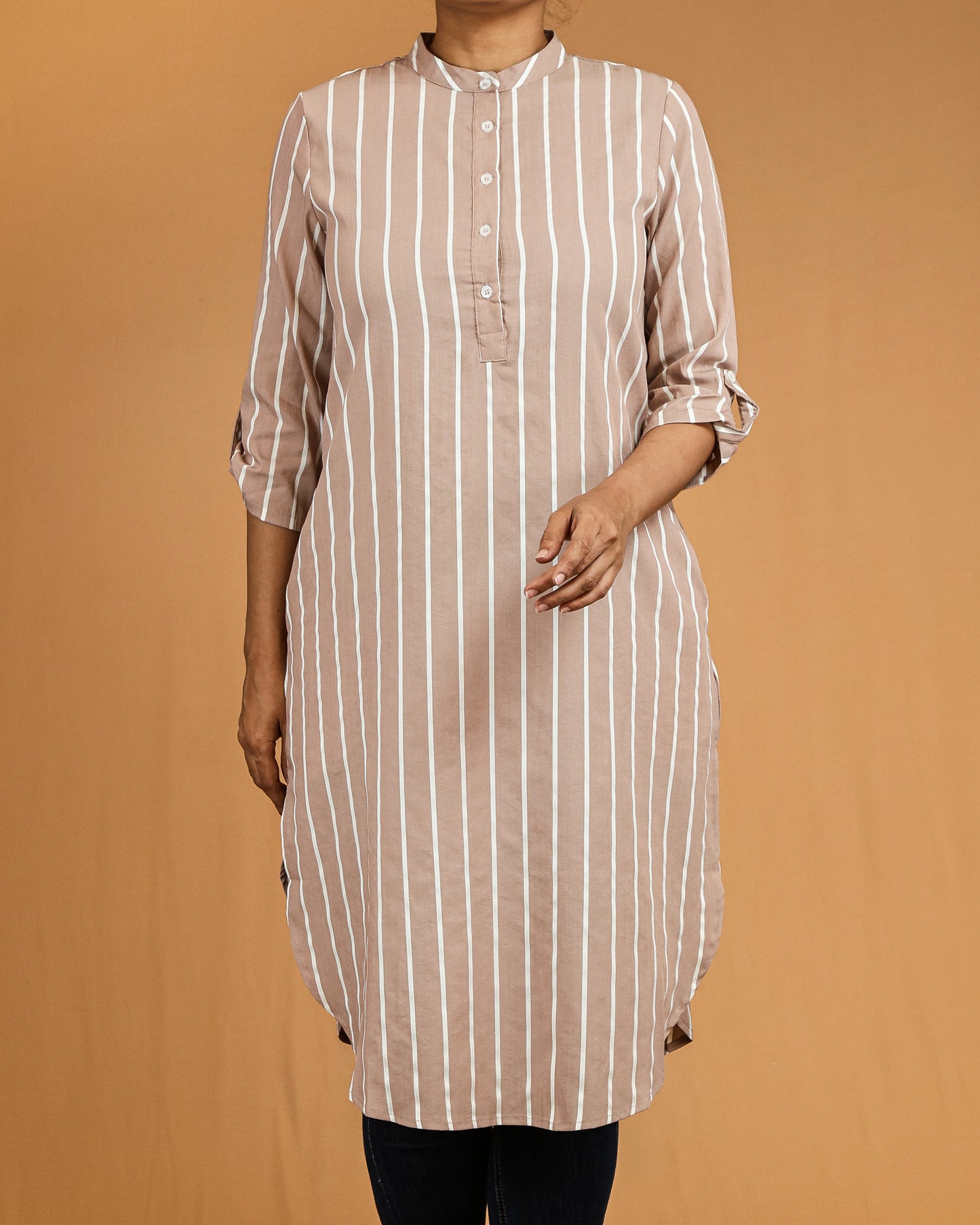 Taupe Striped Buttoned Top with Roll Up Sleeves