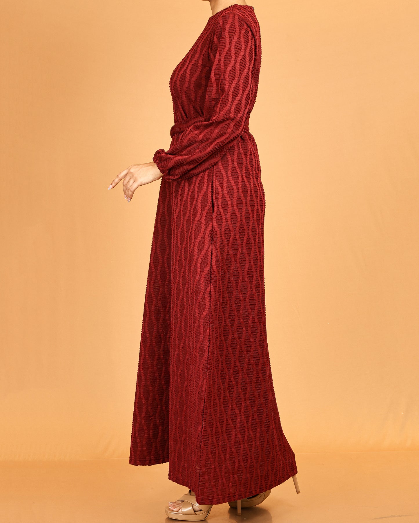 Textured Belted Maxi Dress – Deep Maroon
