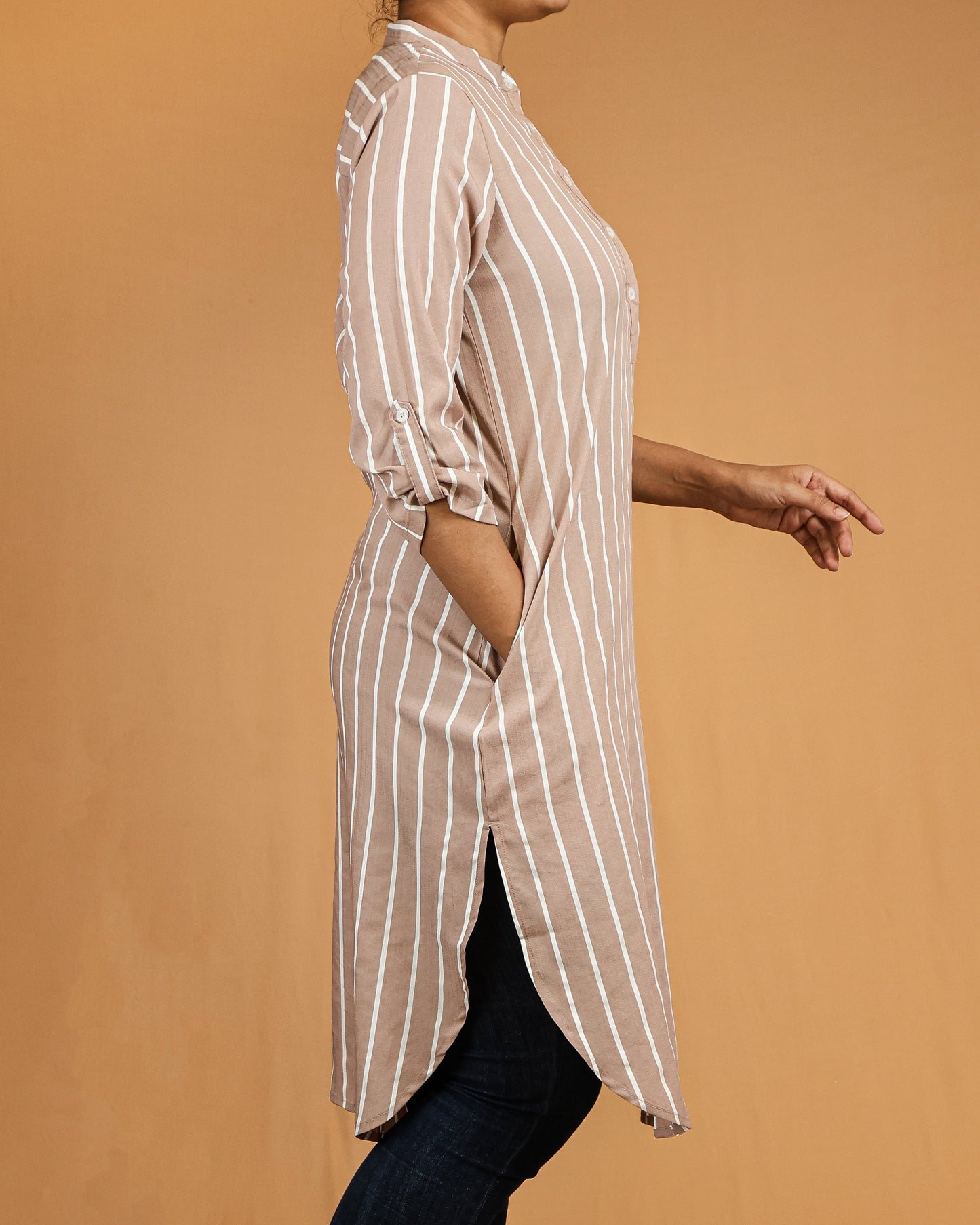 Taupe Striped Buttoned Top with Roll Up Sleeves