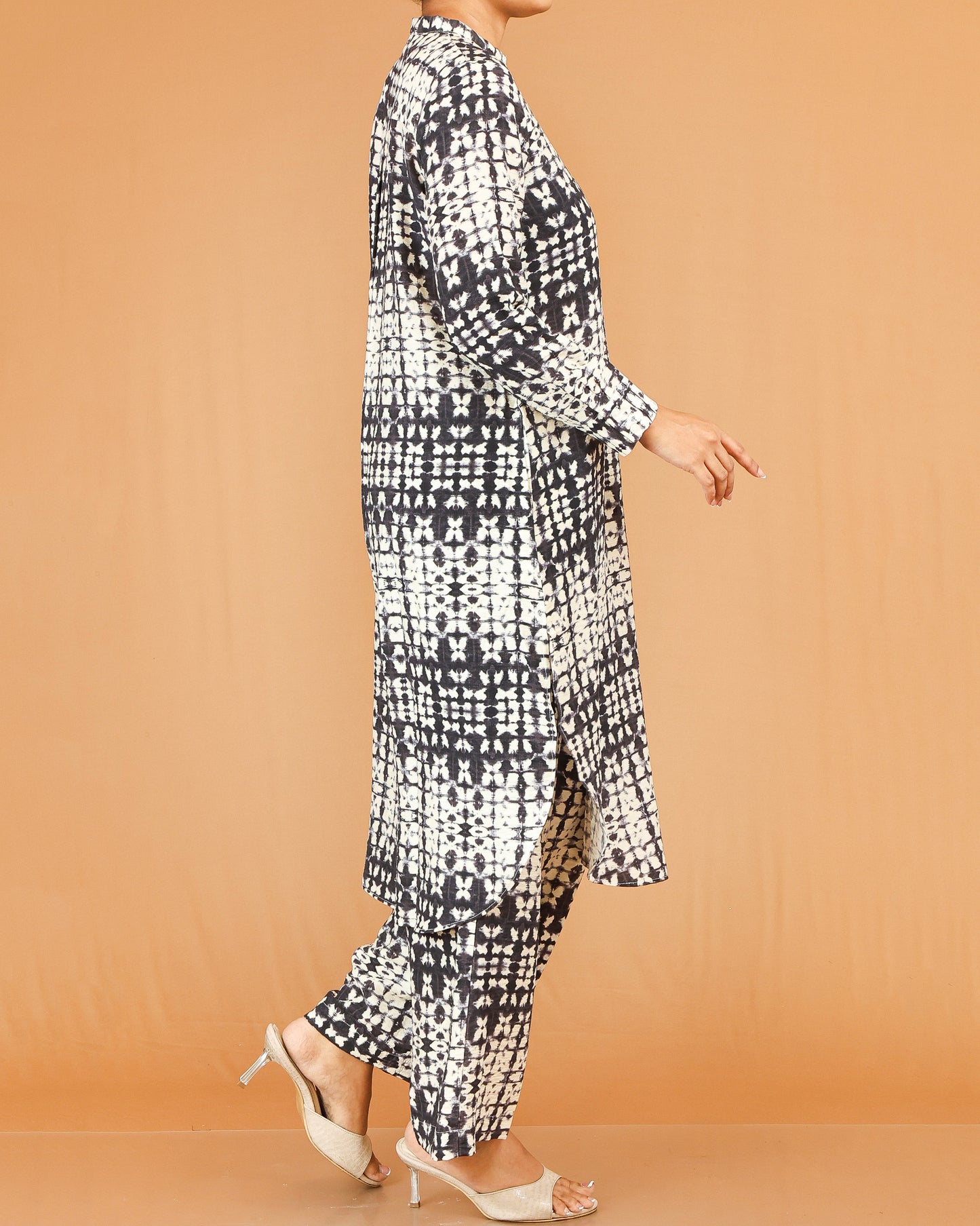 Black & Cream Printed Co-Ord Set with Mandarin Collar Top