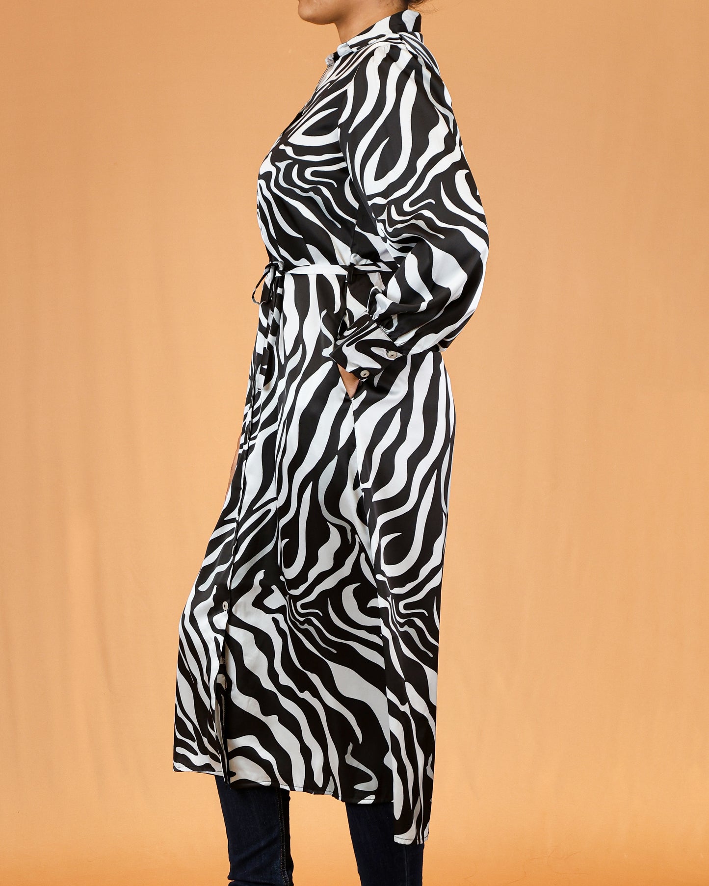 Collared Button-Front Waist Tie Zebra Print Shirt Dress