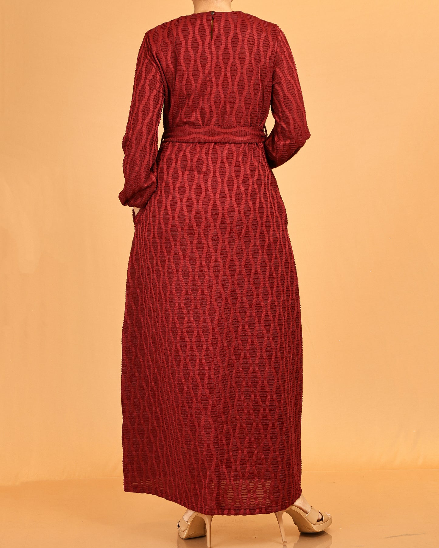 Textured Belted Maxi Dress – Deep Maroon