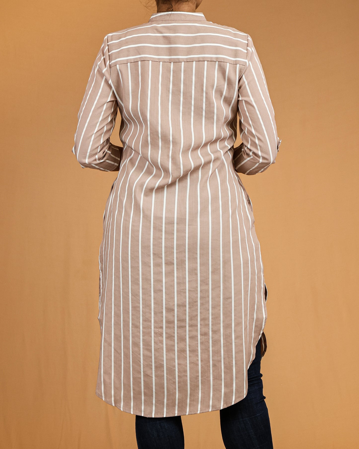 Taupe Striped Buttoned Top with Roll Up Sleeves