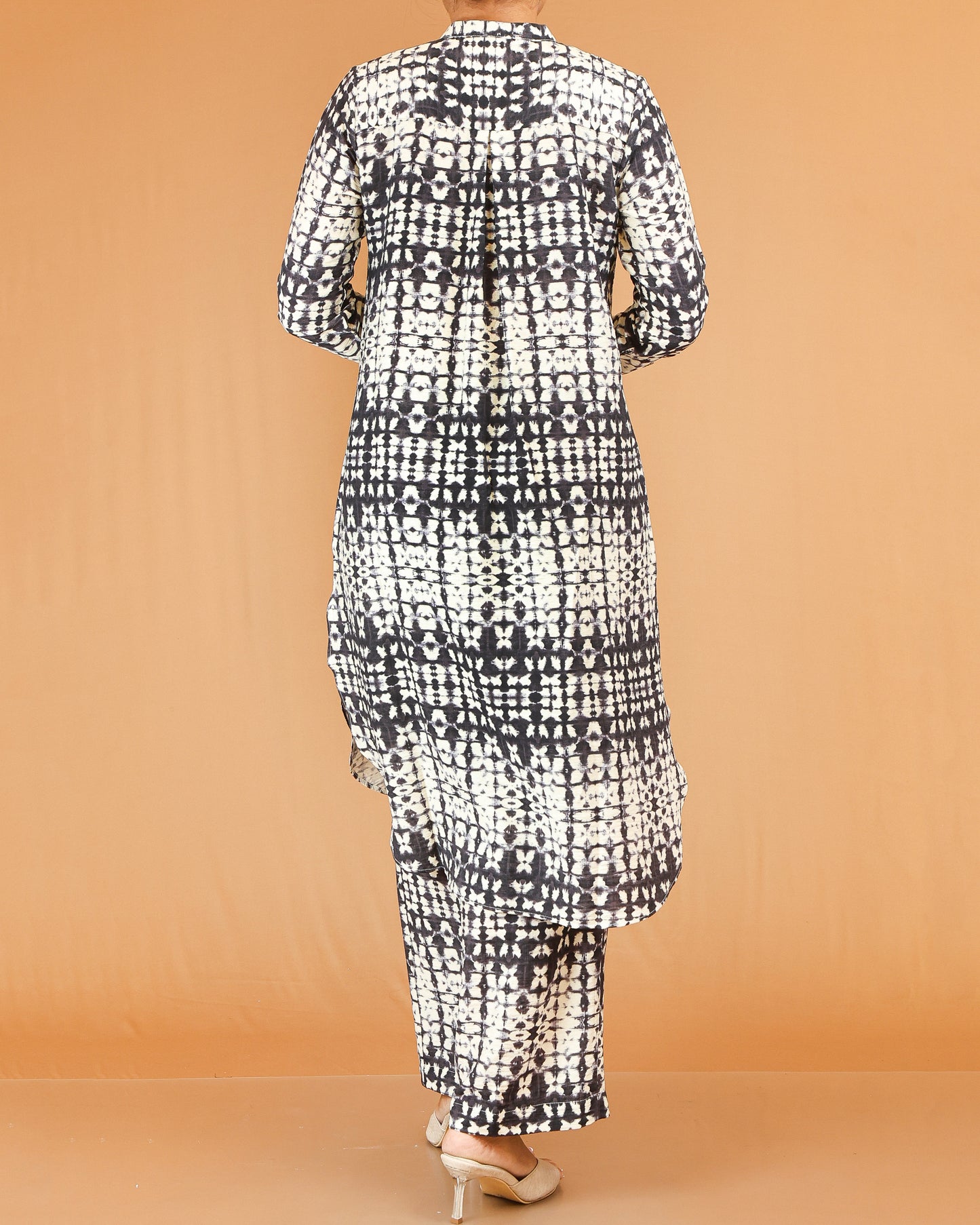 Black & Cream Printed Co-Ord Set with Mandarin Collar Top
