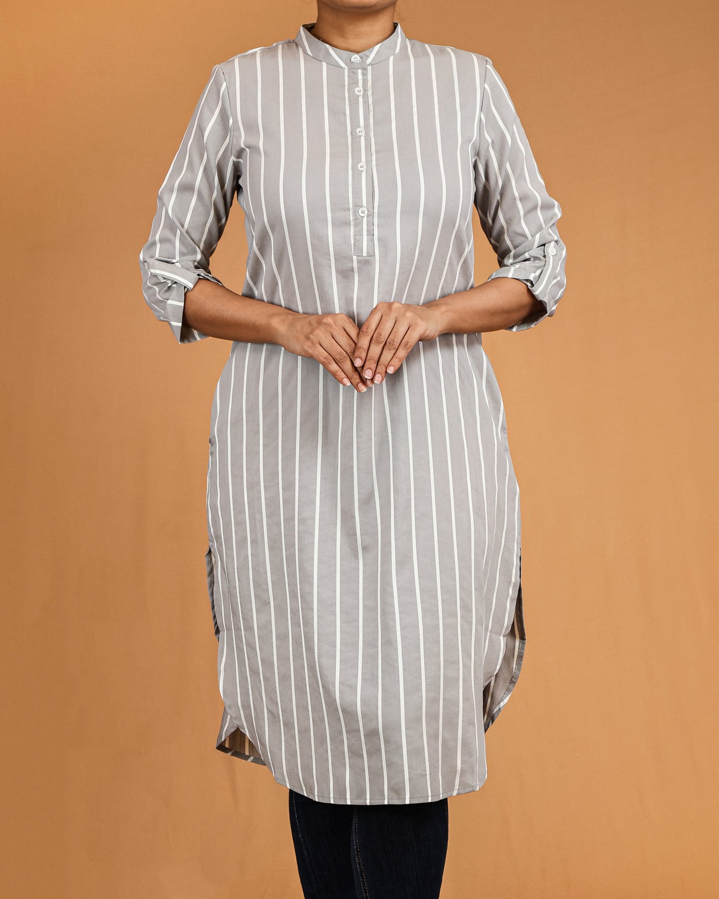 Ash Grey Striped Buttoned Top with Roll Up Sleeves