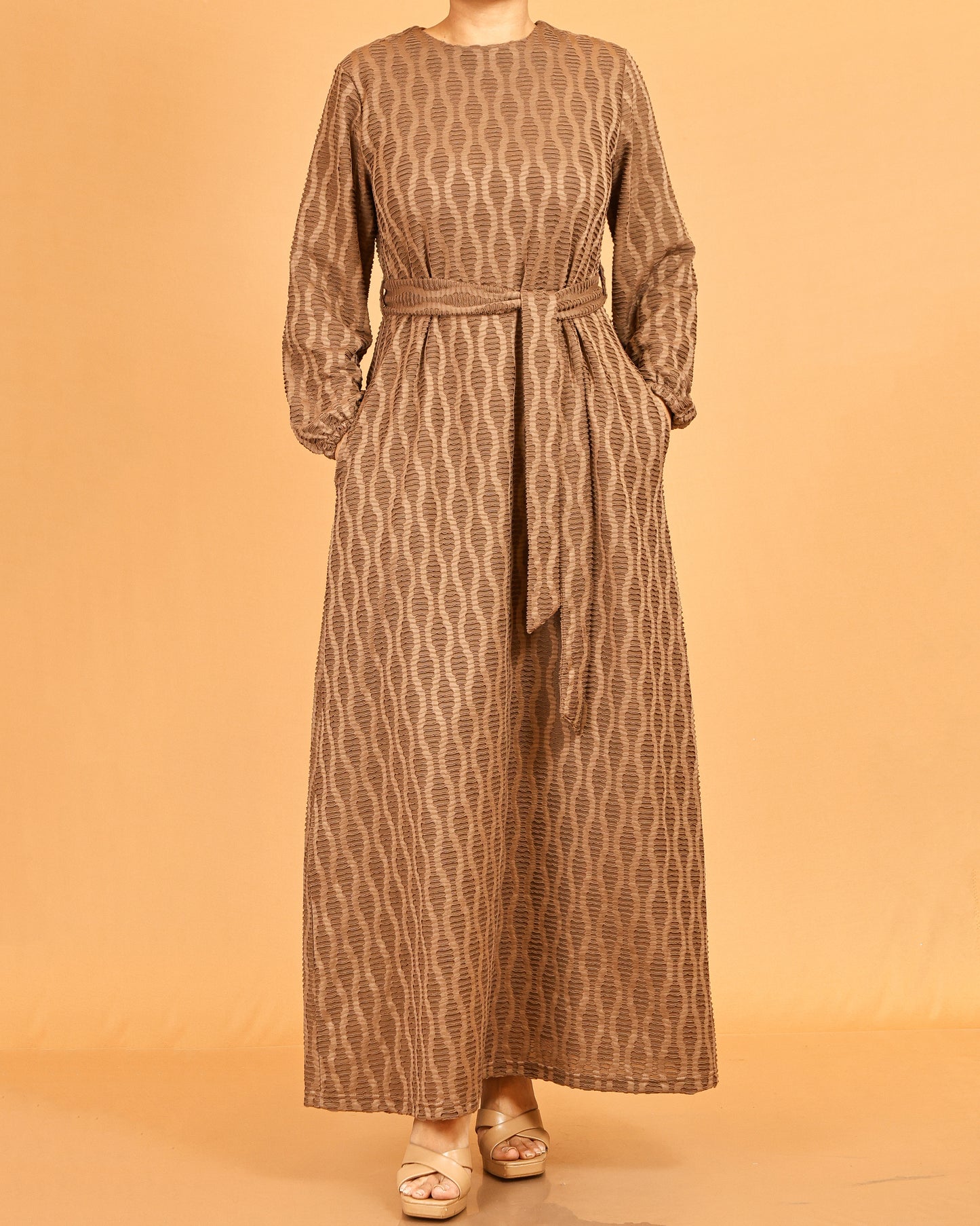 Textured Belted Maxi Dress – Warm Taupe