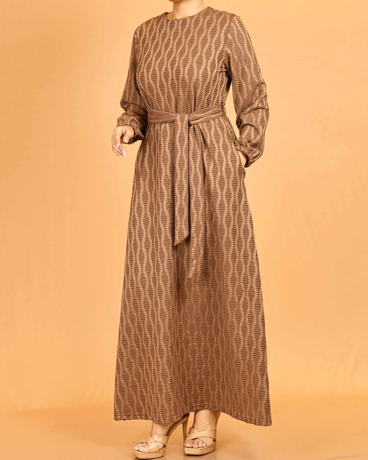 Textured Belted Maxi Dress – Warm Taupe