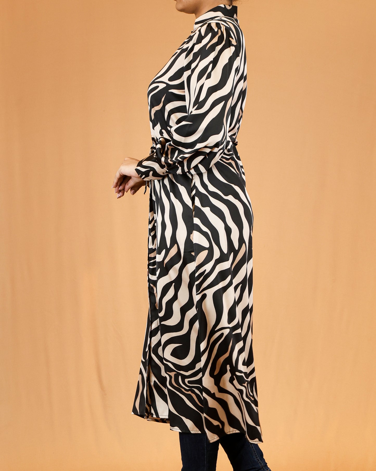 Collared Button-Front Waist Tie Black Zebra Print Shirt Dress