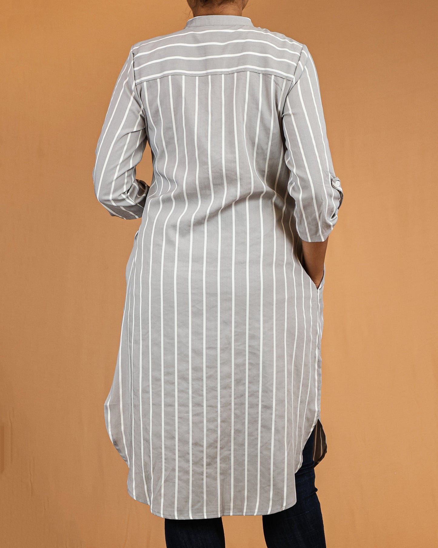 Ash Grey Striped Buttoned Top with Roll Up Sleeves