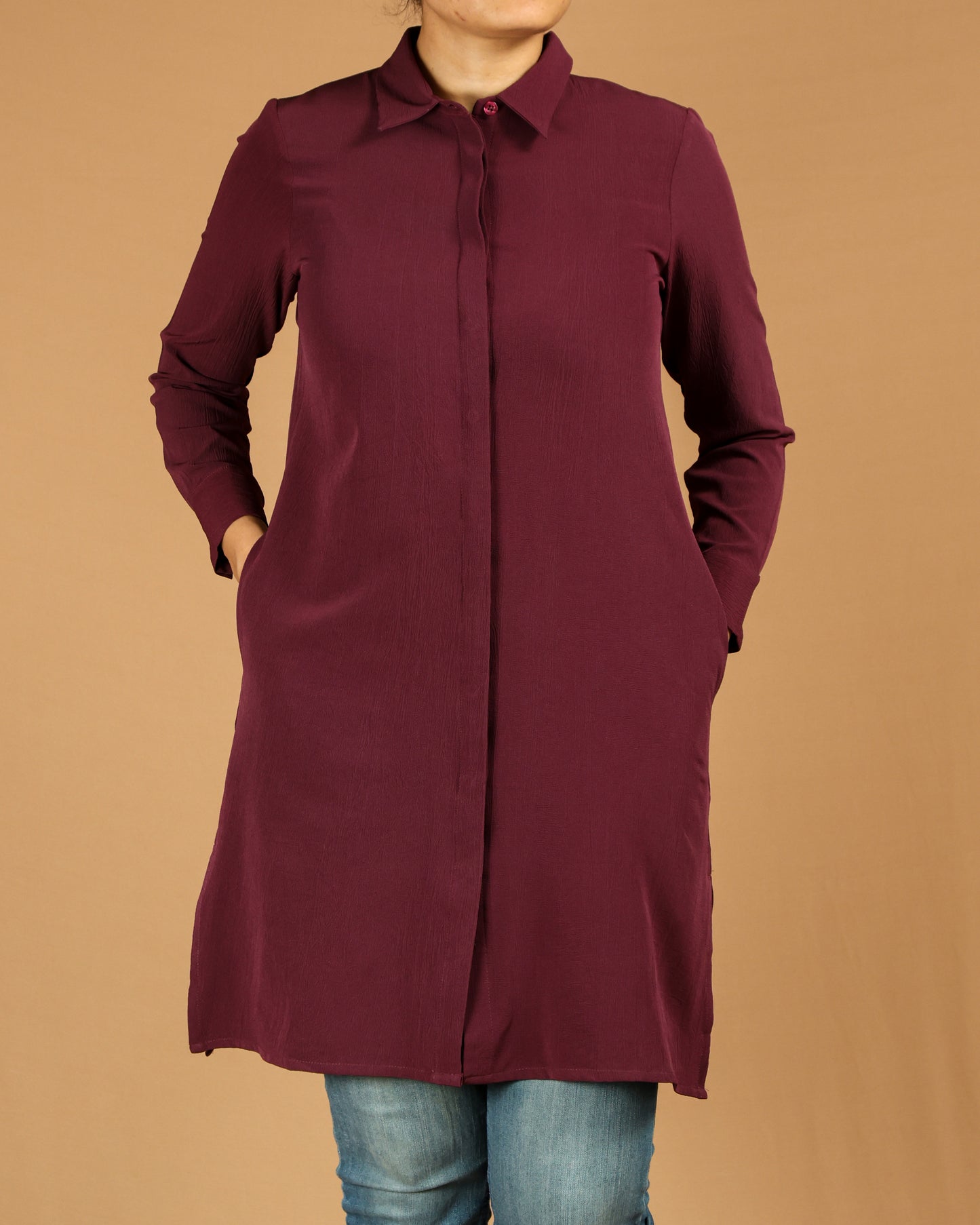 Classic Button-Down Long Shirt with Side Slits