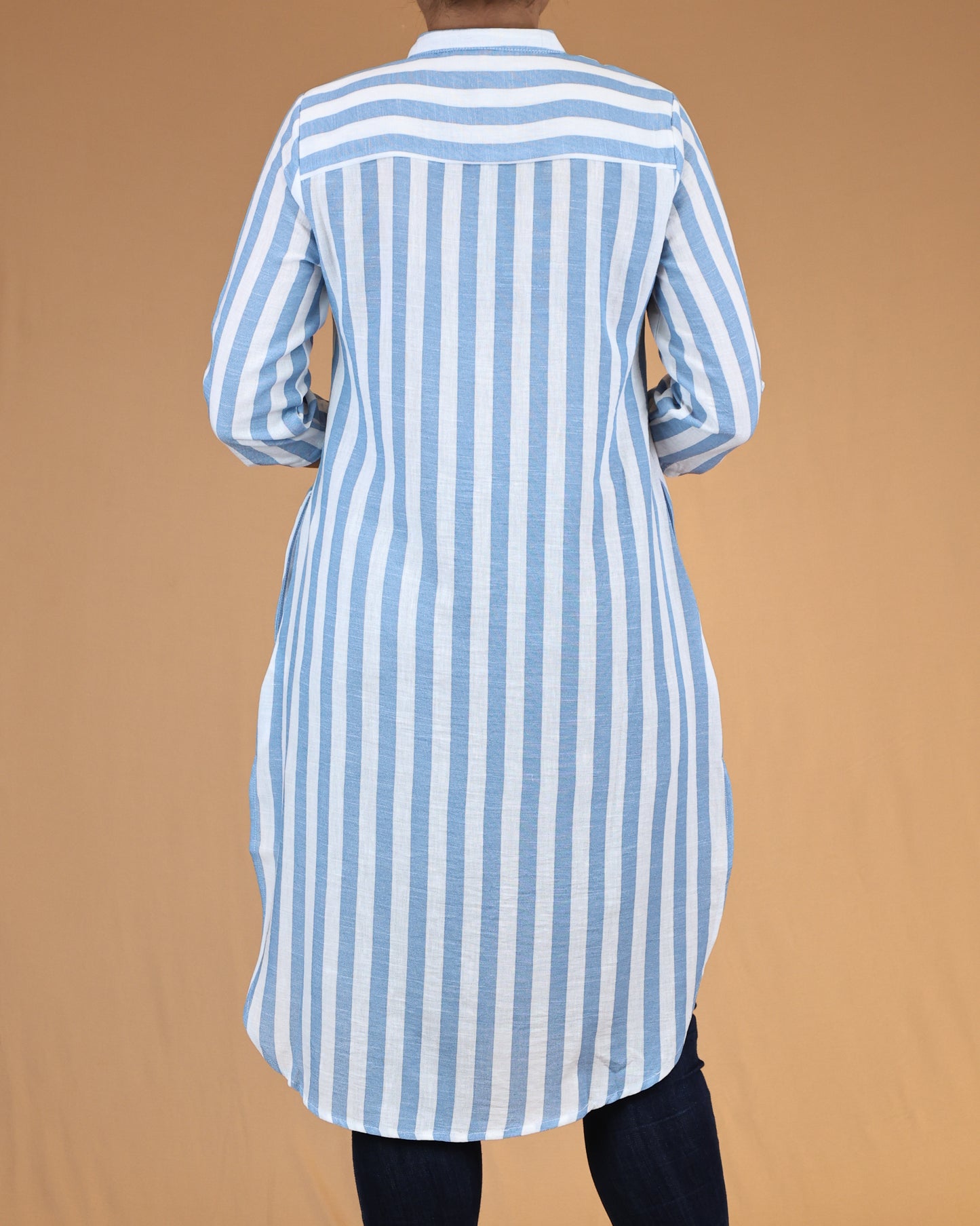 Sky Blue Striped Buttoned Top with Roll Up Sleeves