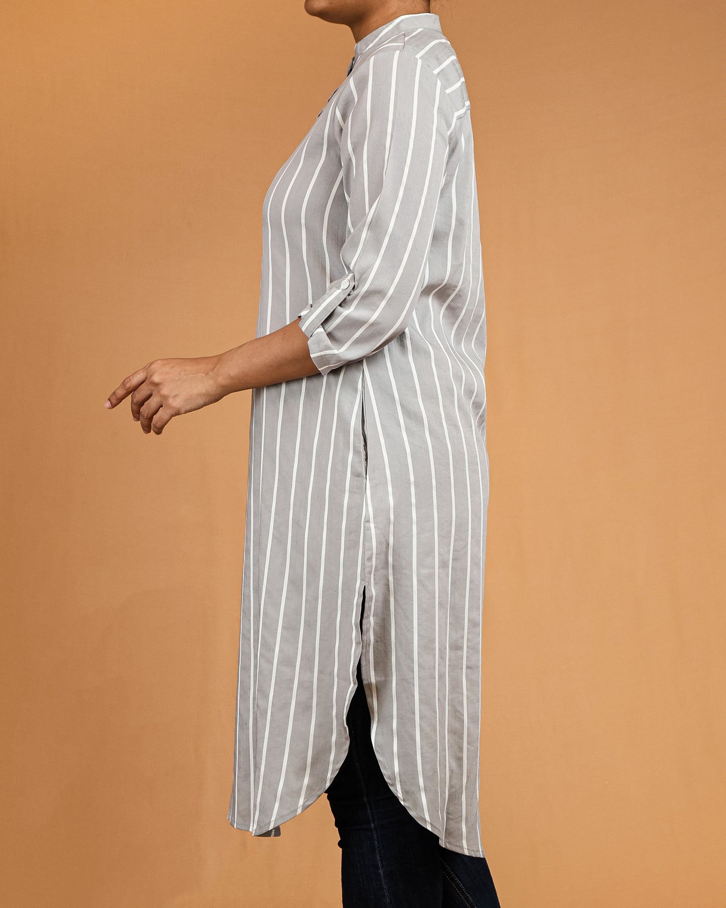 Ash Grey Striped Buttoned Top with Roll Up Sleeves