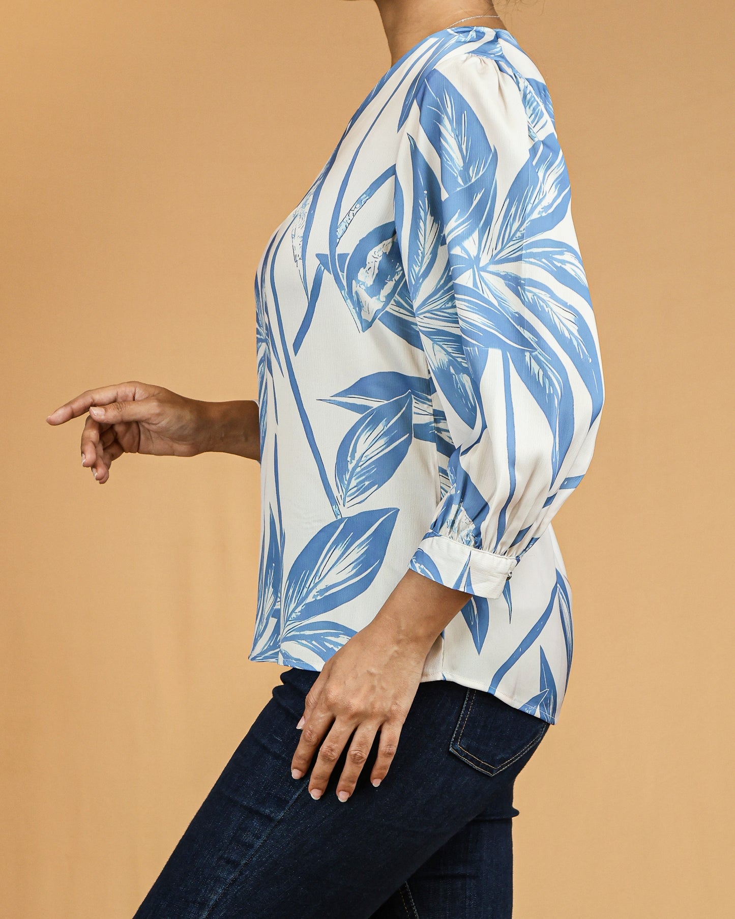 Powder Blue Leaf-Print Long Sleeve Top
