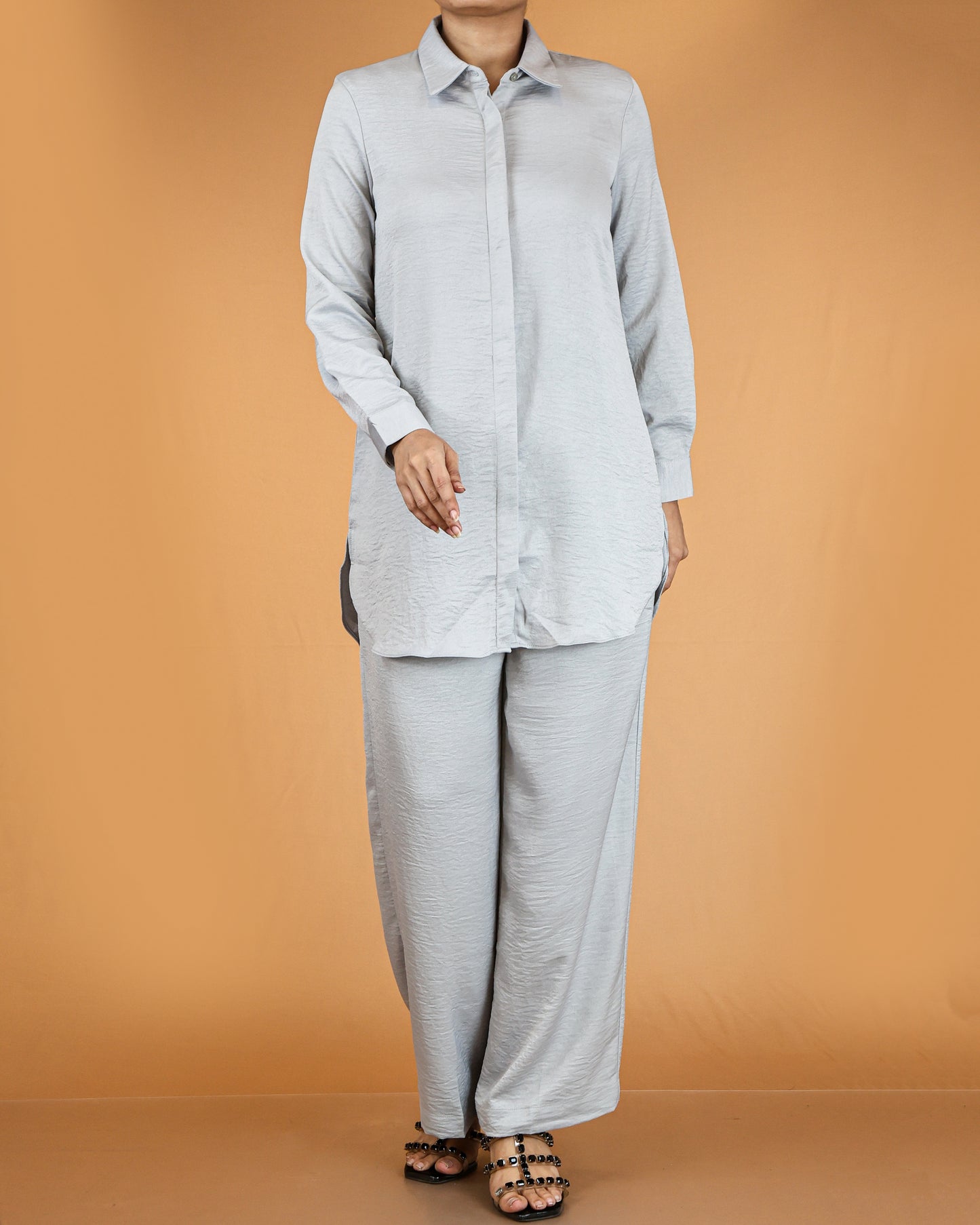 Elegant Long Shirt & Wide-Leg Pant Co-ord Set