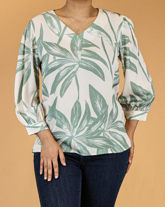 Sage Green Leaf-Print Long Sleeve Top