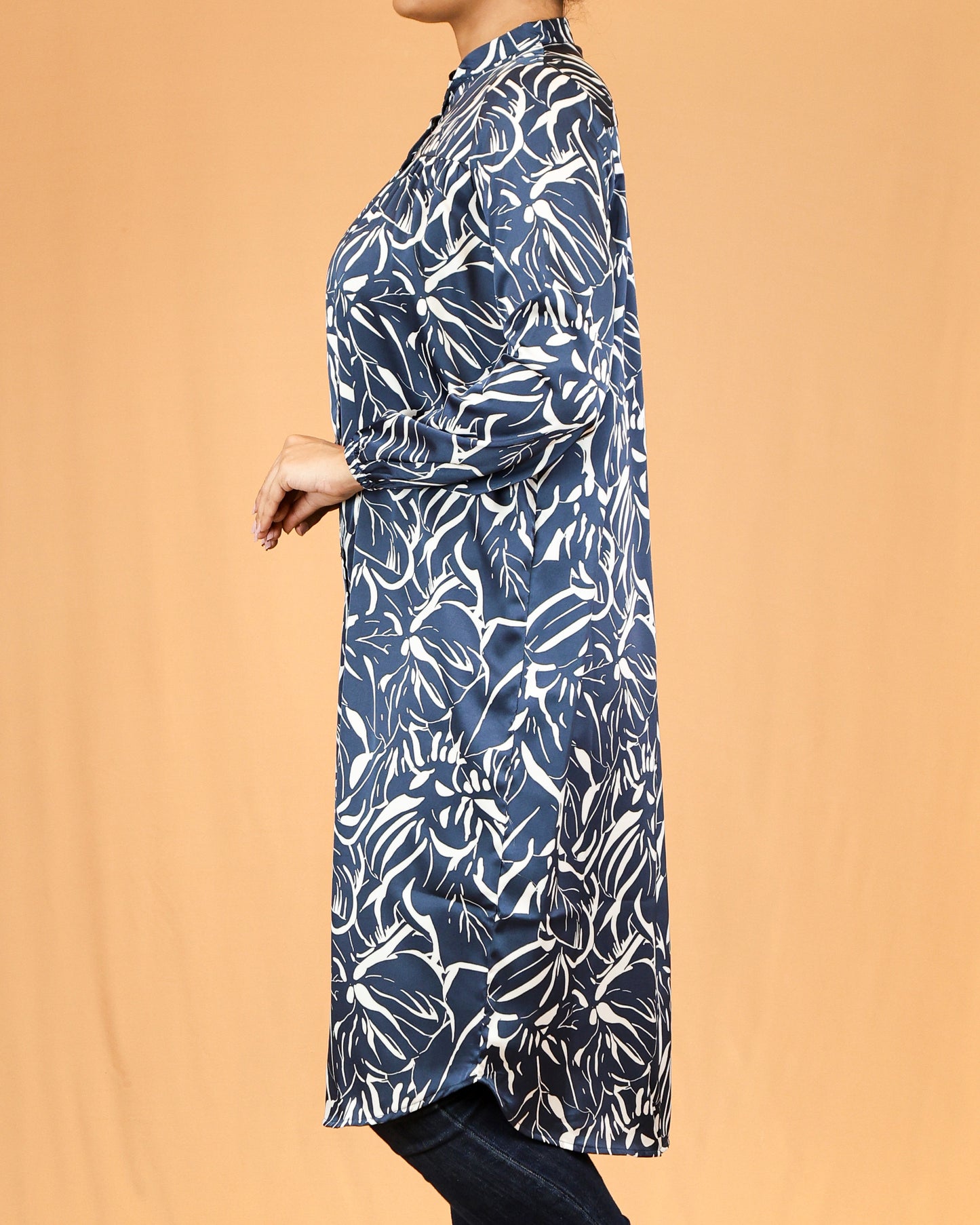 Mandarin Collar Gathered Yoke Blue Botanical Shirt Dress