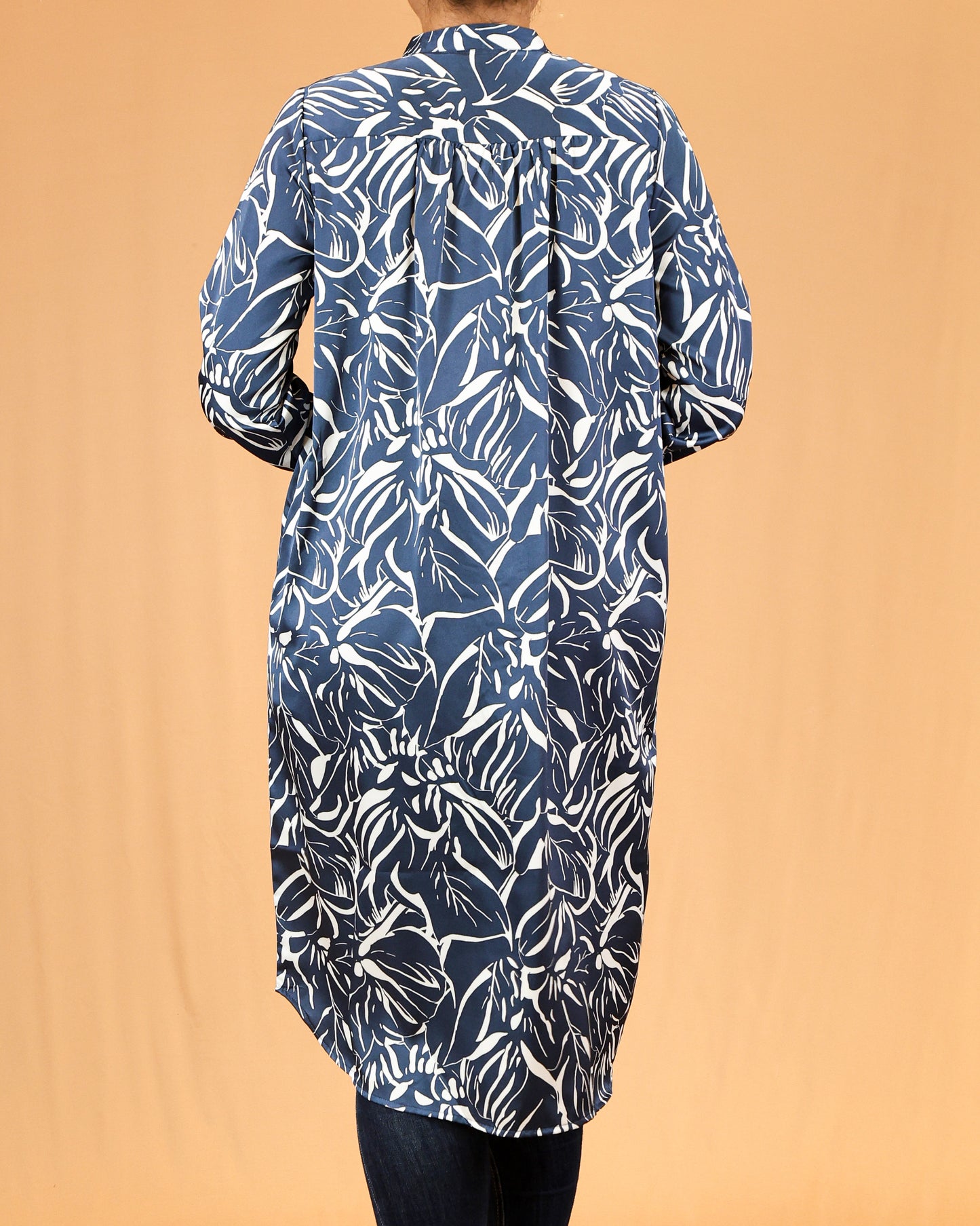 Mandarin Collar Gathered Yoke Blue Botanical Shirt Dress