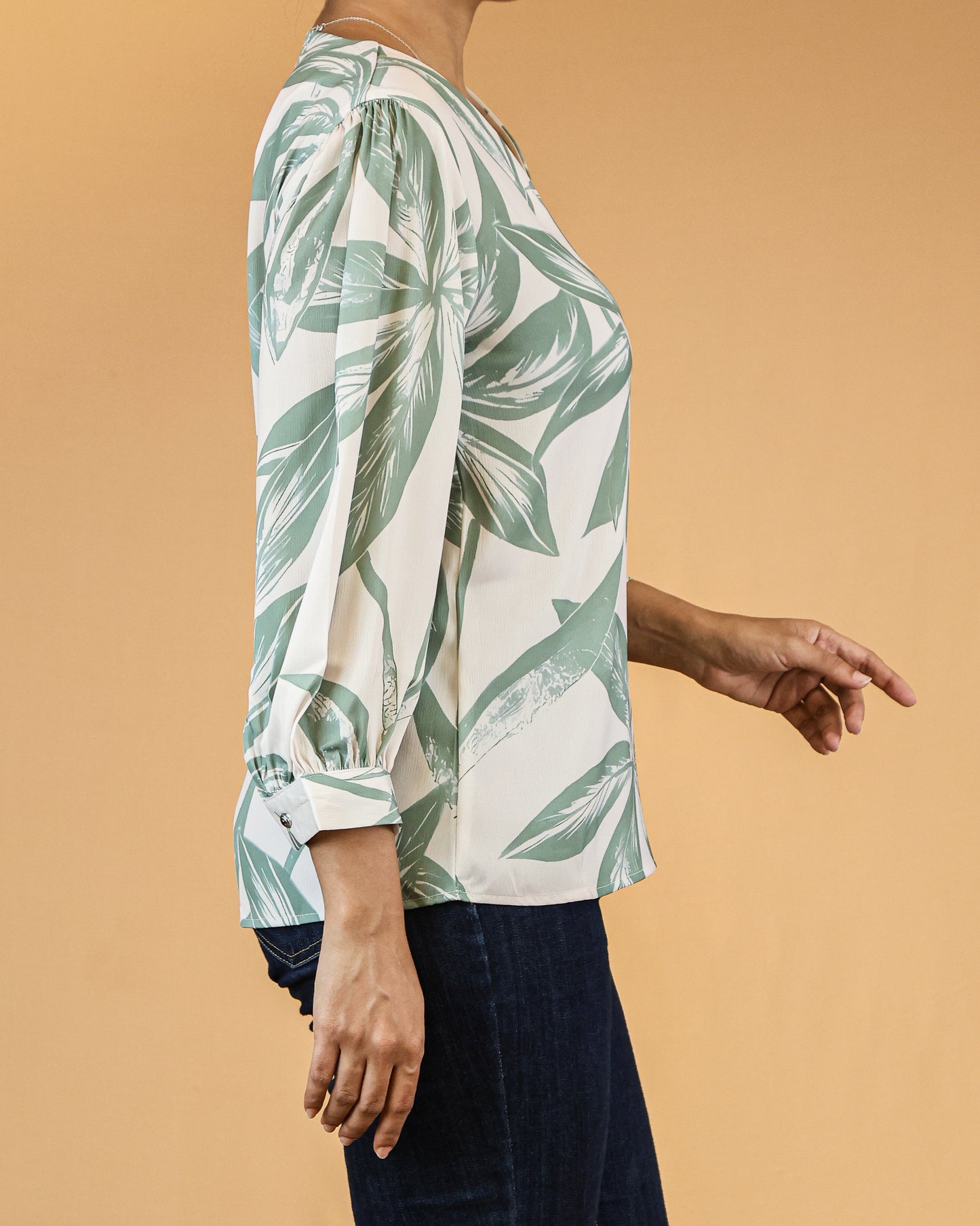 Sage Green Leaf-Print Long Sleeve Top