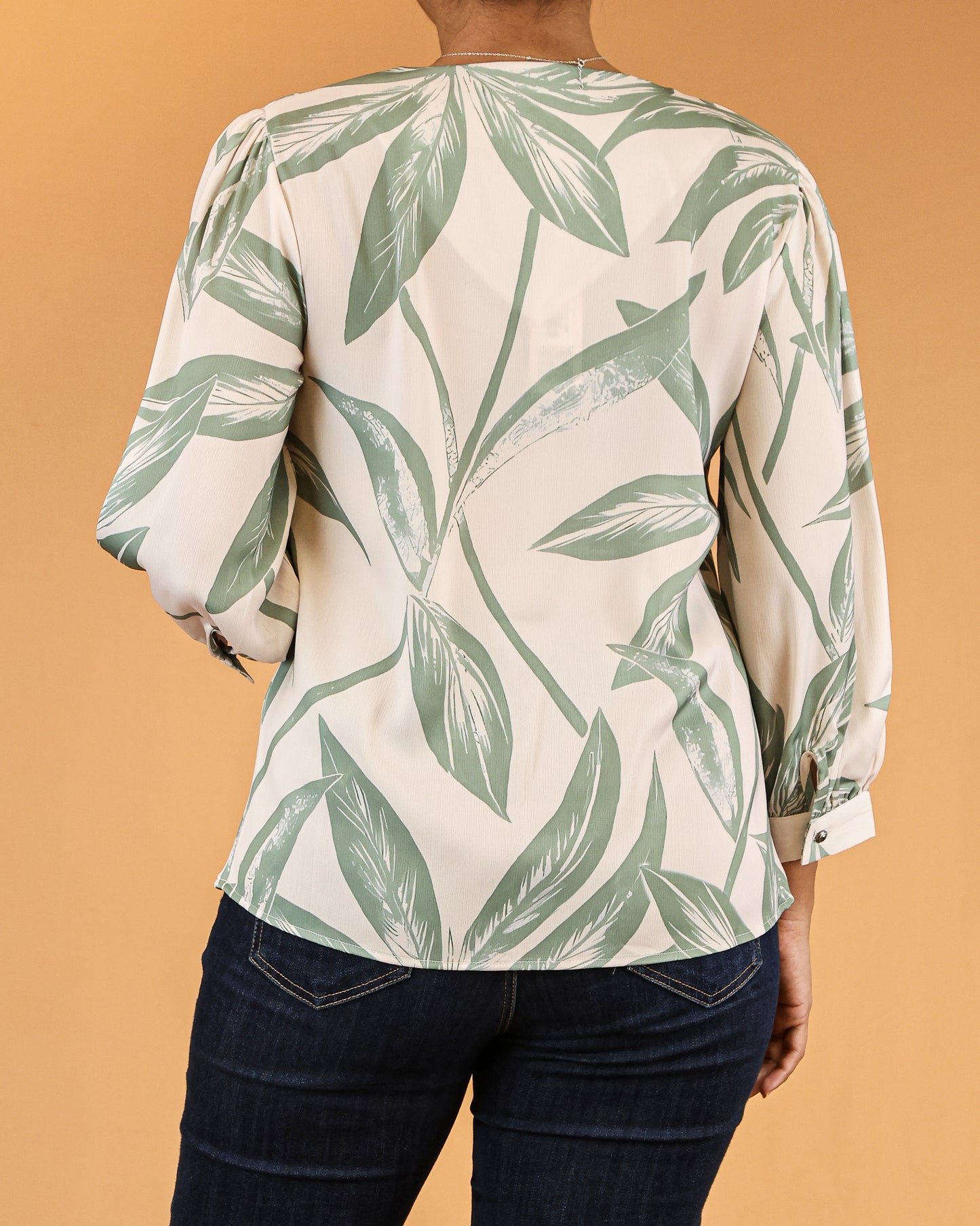 Sage Green Leaf-Print Long Sleeve Top