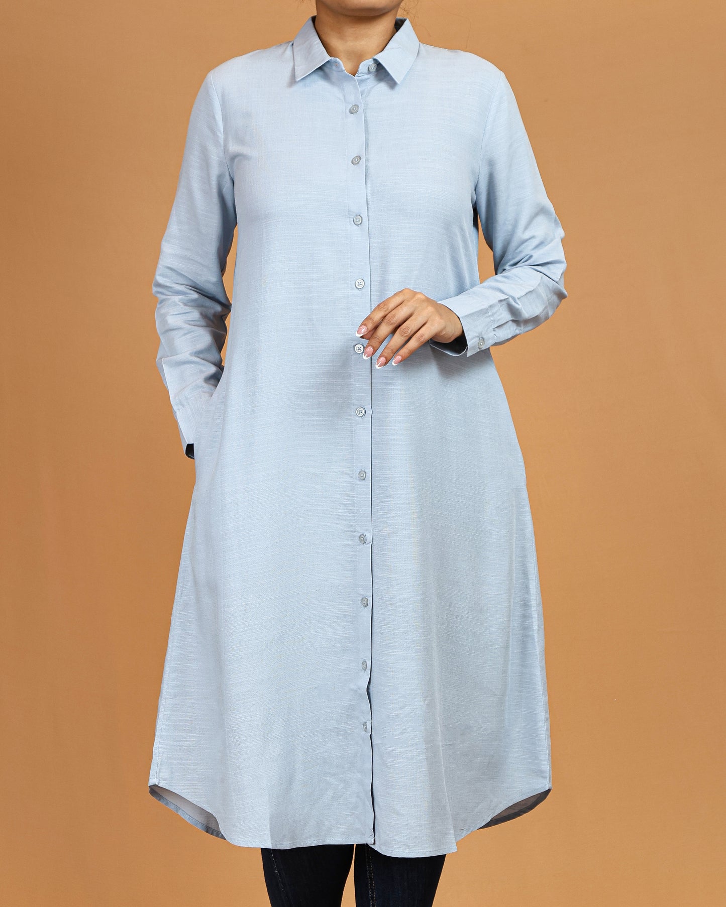 Classic Button-Down Shirt Midi Dress – Soft Blue