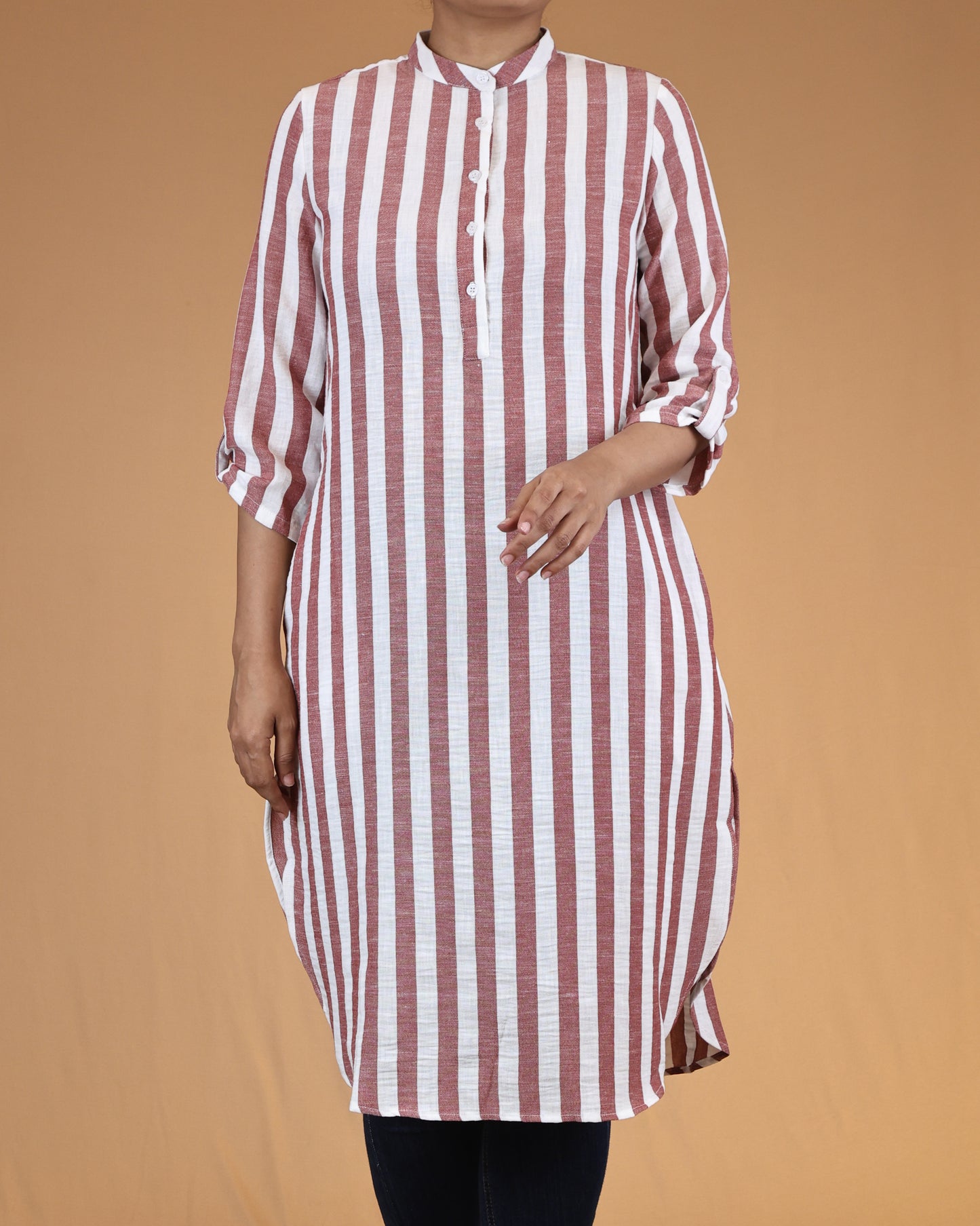 Dusty Rose Striped Buttoned Top with Roll Up Sleeves