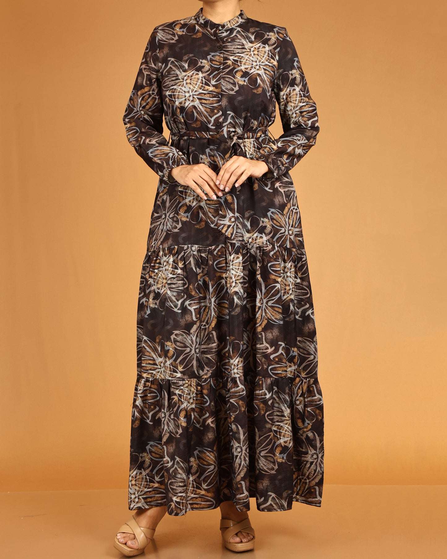 Mocha Ember Floral Maxi with Waist Tie Belt