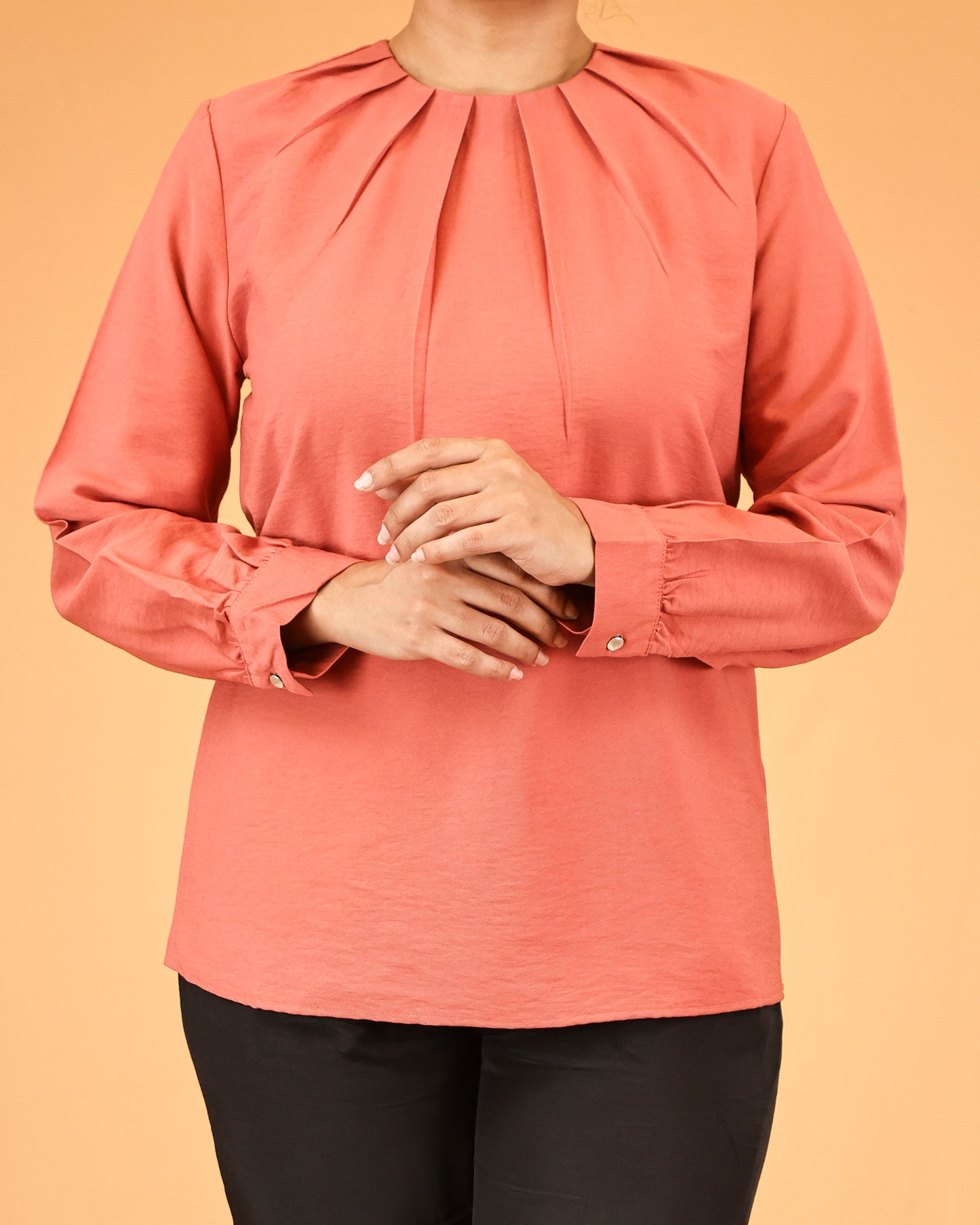 Soft Coral Pleated-Neck Top