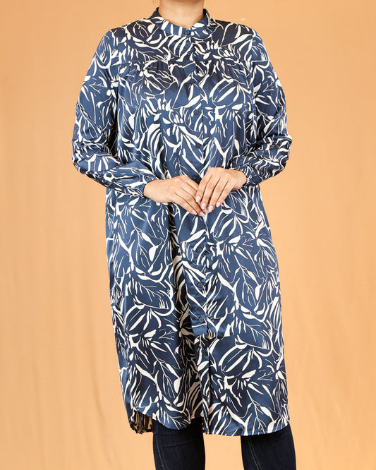 Mandarin Collar Gathered Yoke Blue Botanical Shirt Dress