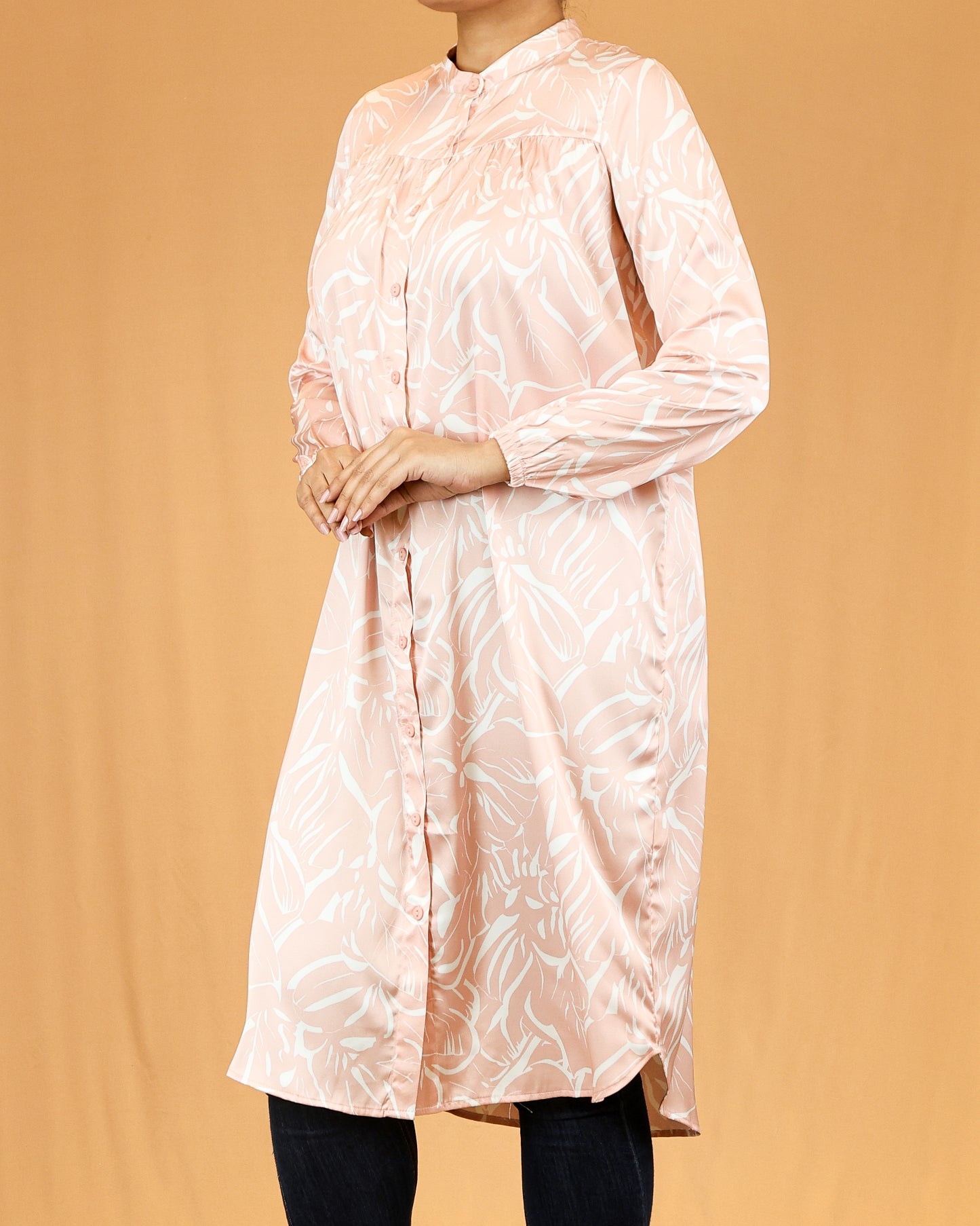 Mandarin Collar Gathered Yoke Peach Botanical Shirt Dress