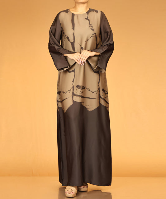Coffee Brown Abstract Print Long Maxi Abaya