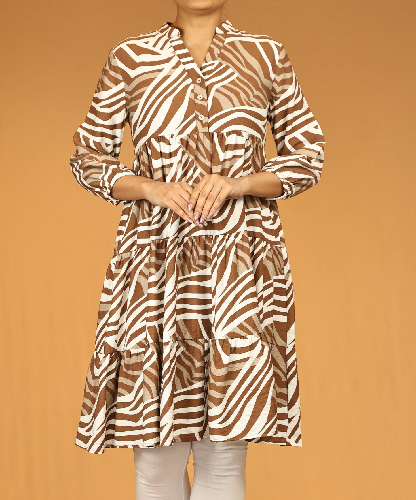 Brown Zebra Print Tiered Long Tunic Dress
