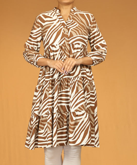 Brown Zebra Print Tiered Long Tunic Dress