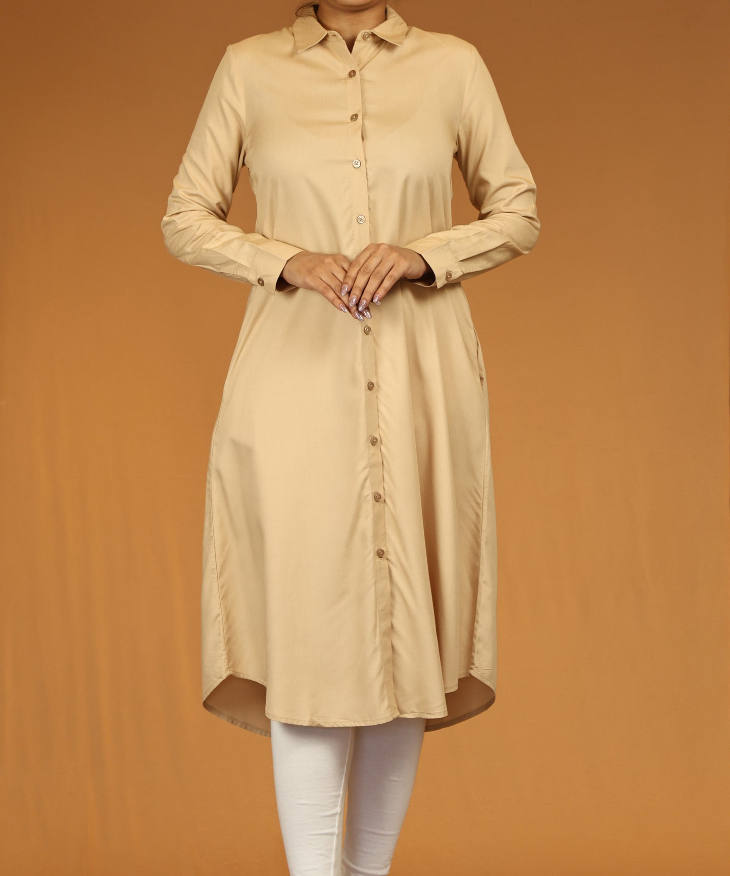 Beige Button-Down Long Shirt Dress