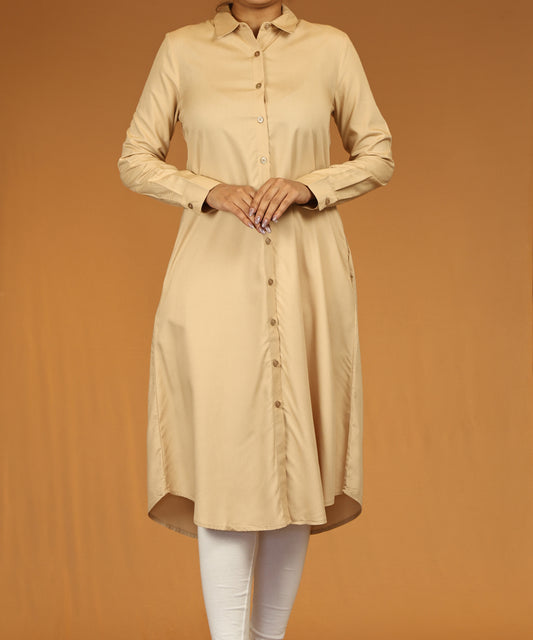 Beige Button-Down Long Shirt Dress