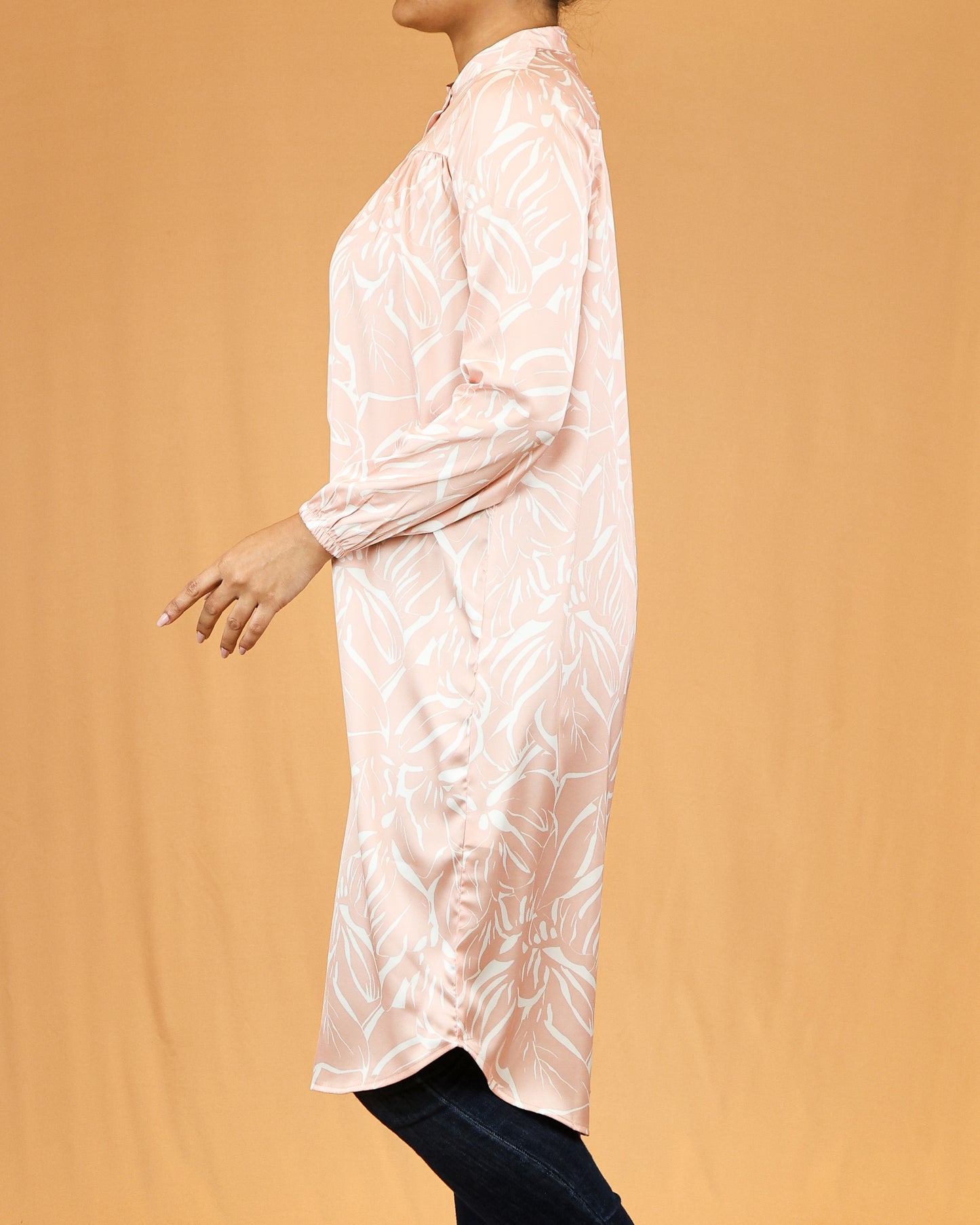Mandarin Collar Gathered Yoke Peach Botanical Shirt Dress