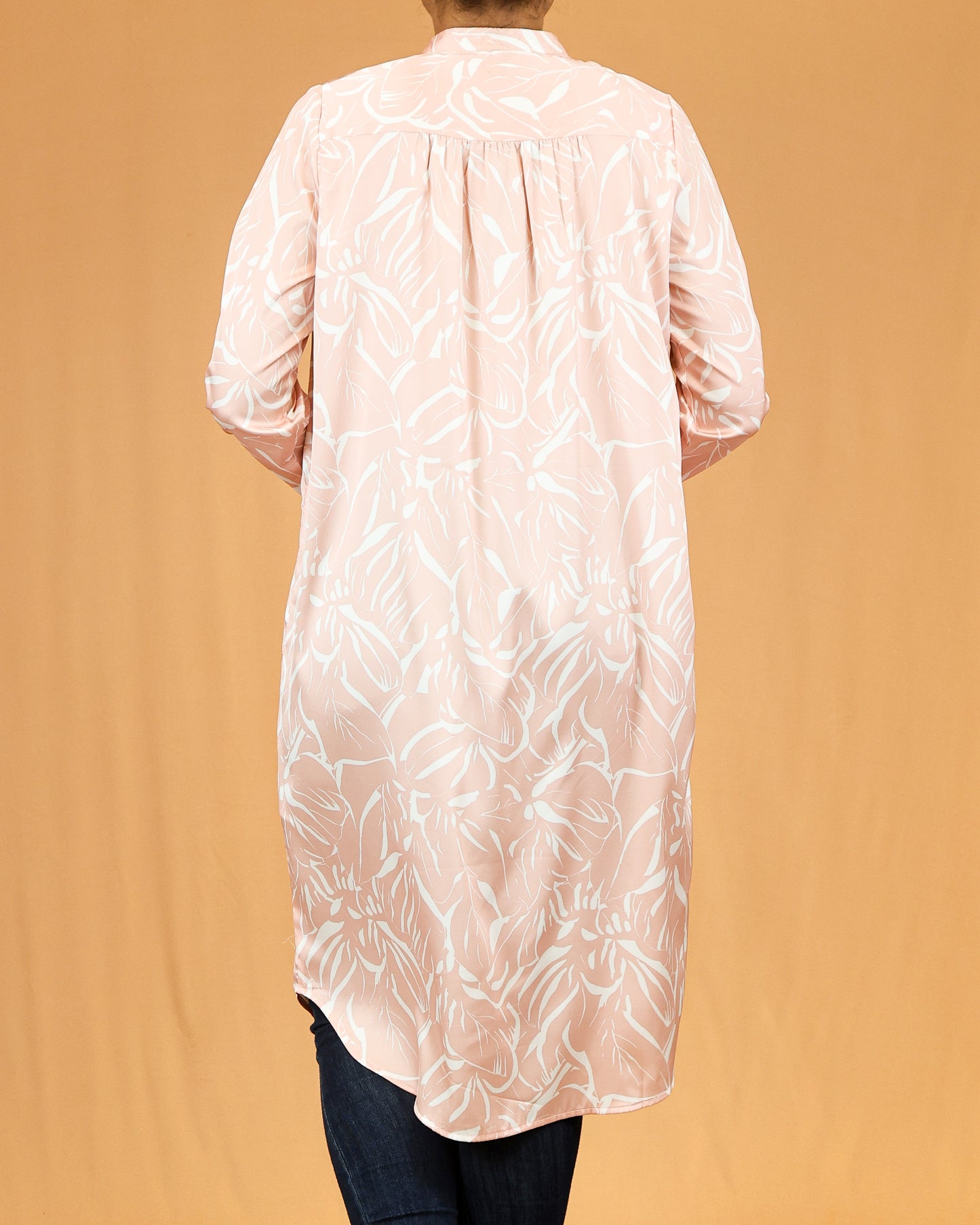 Mandarin Collar Gathered Yoke Peach Botanical Shirt Dress