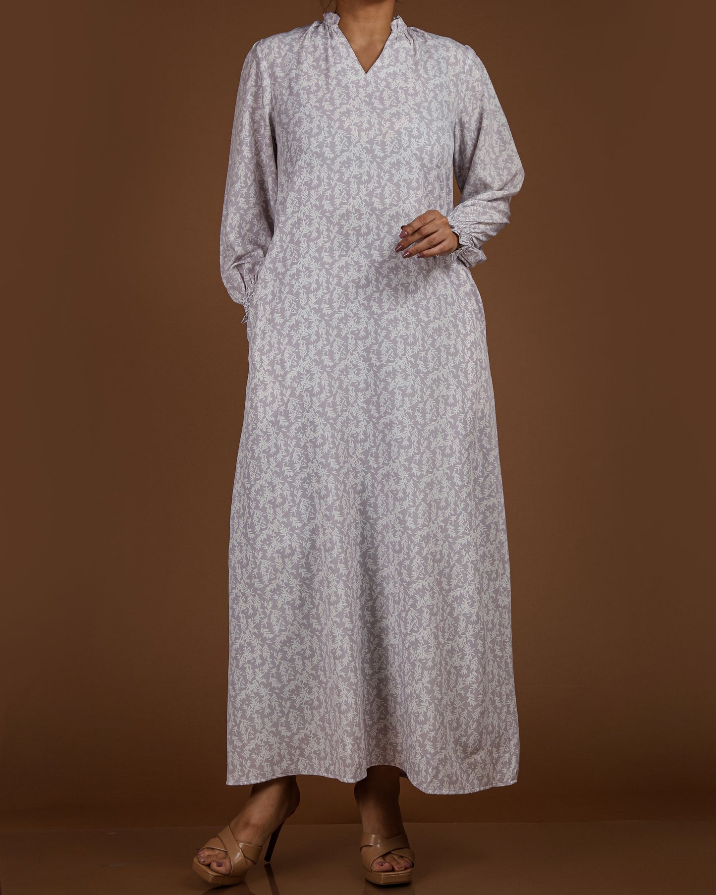 Elegant Printed Linen-Cotton Maxi Dress