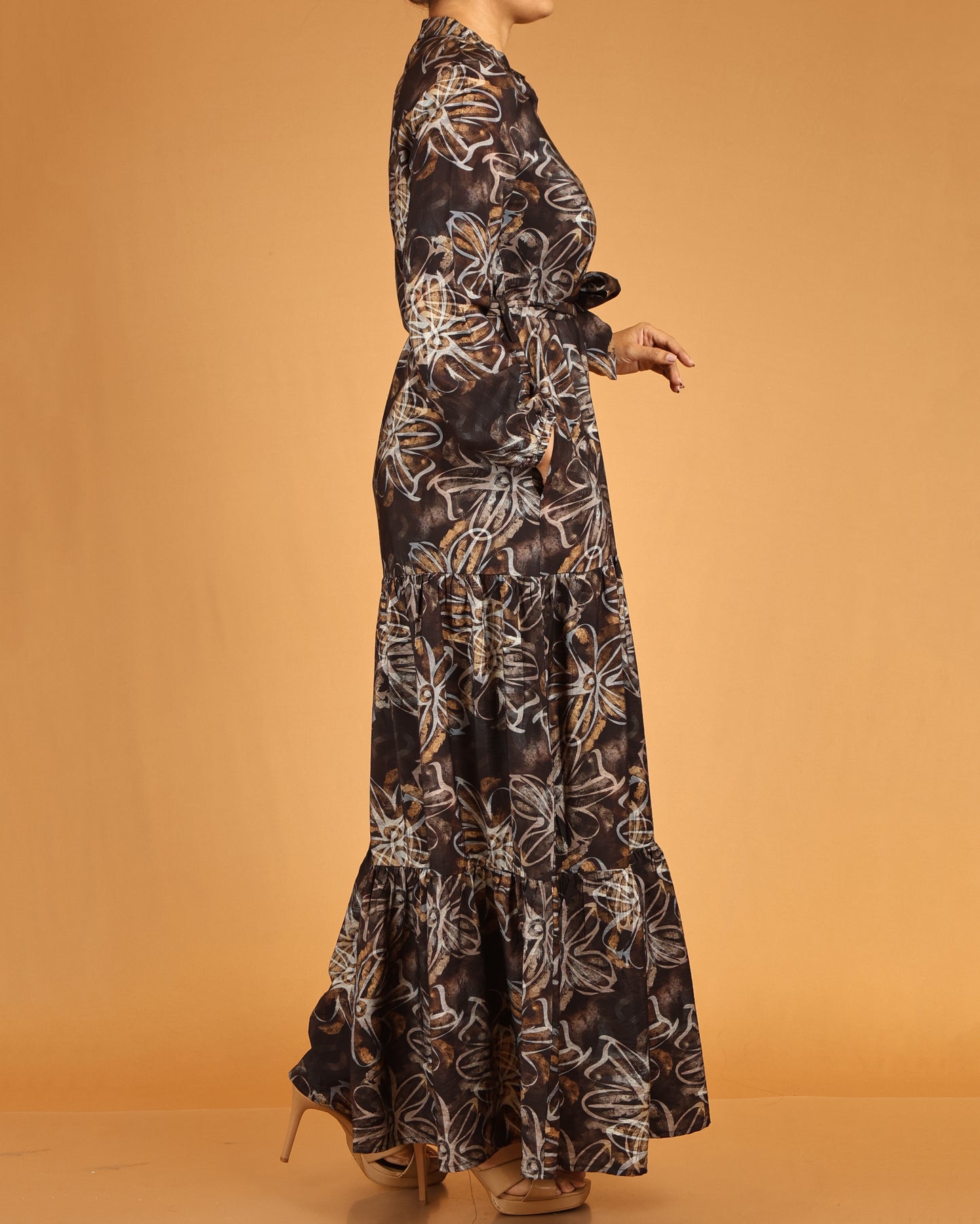 Mocha Ember Floral Maxi with Waist Tie Belt