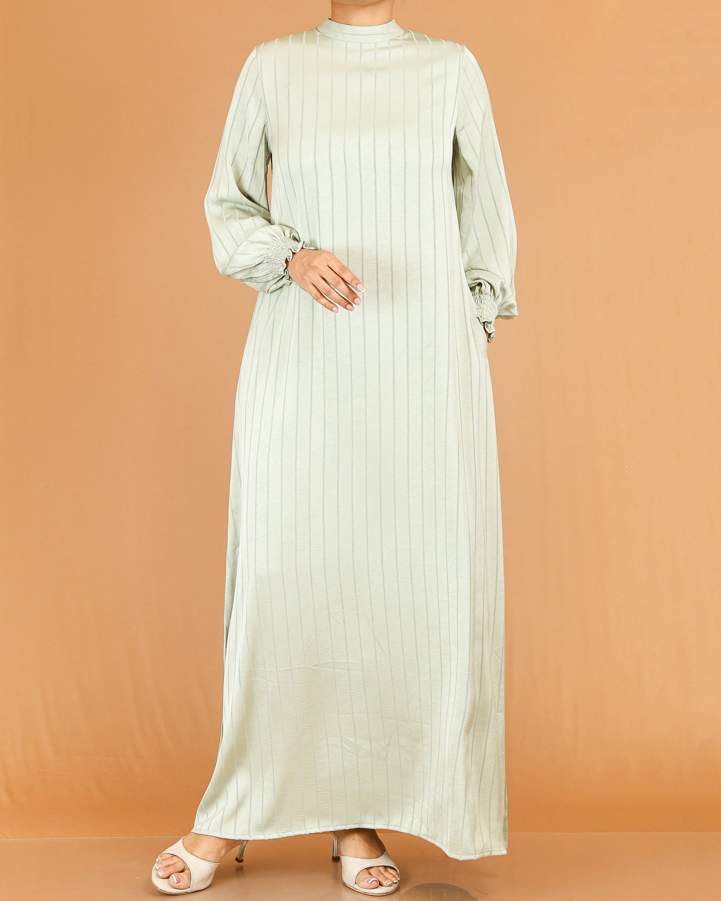 Sage Green Textured Stripe Abaya with Gathered Sleeves